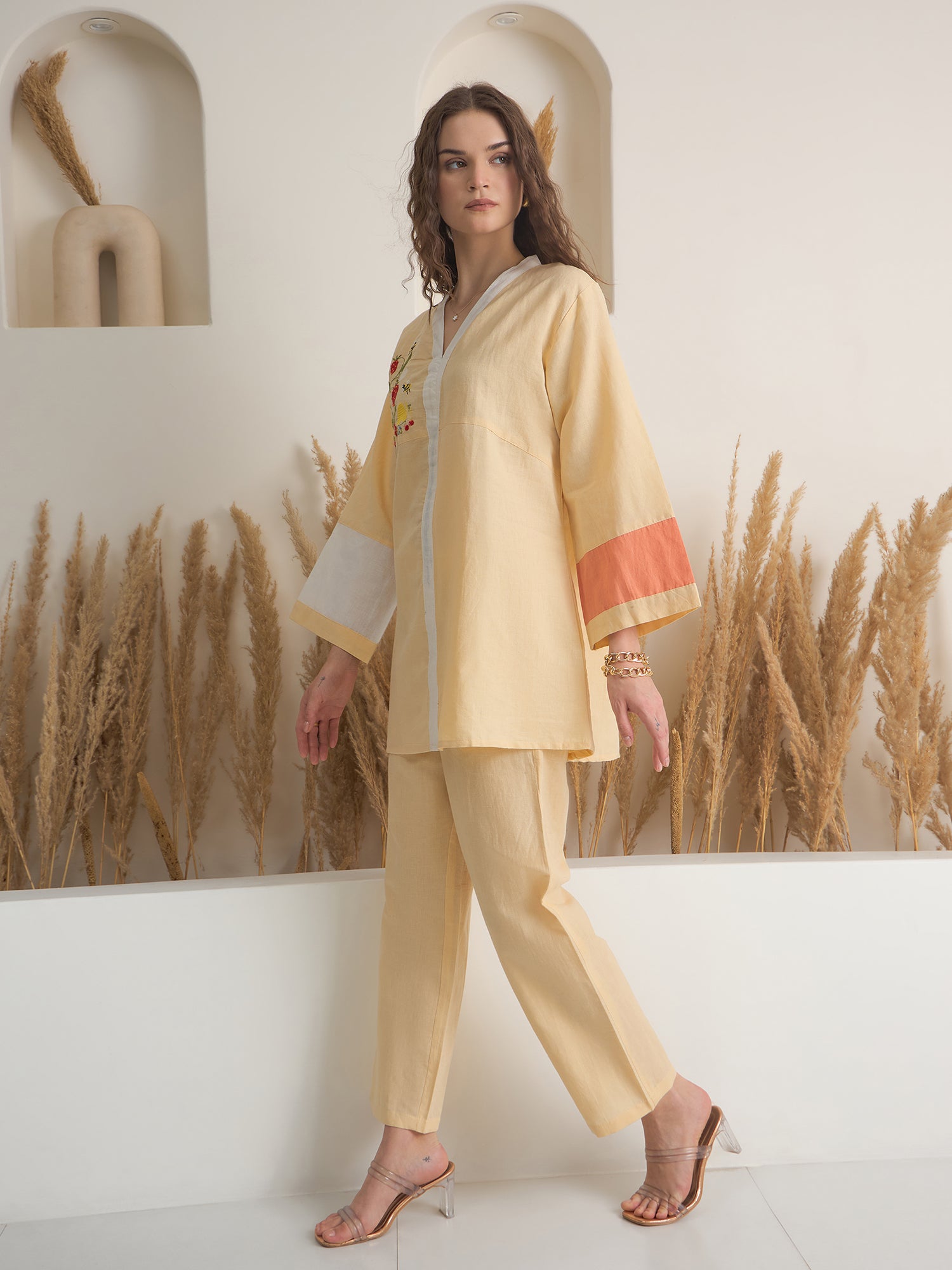 Beige V-Neck Linen Co-ords Set for Women