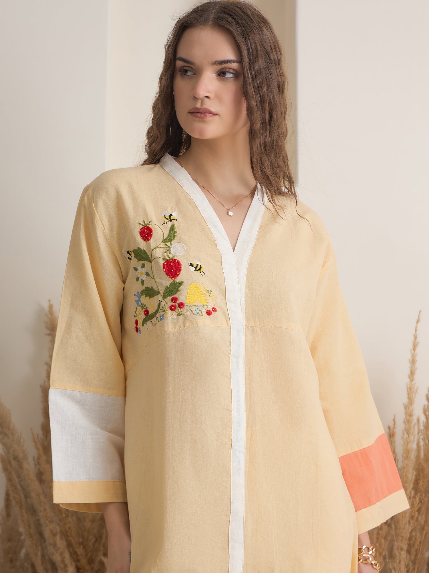 Beige V-Neck Linen Co-ords Set for Women