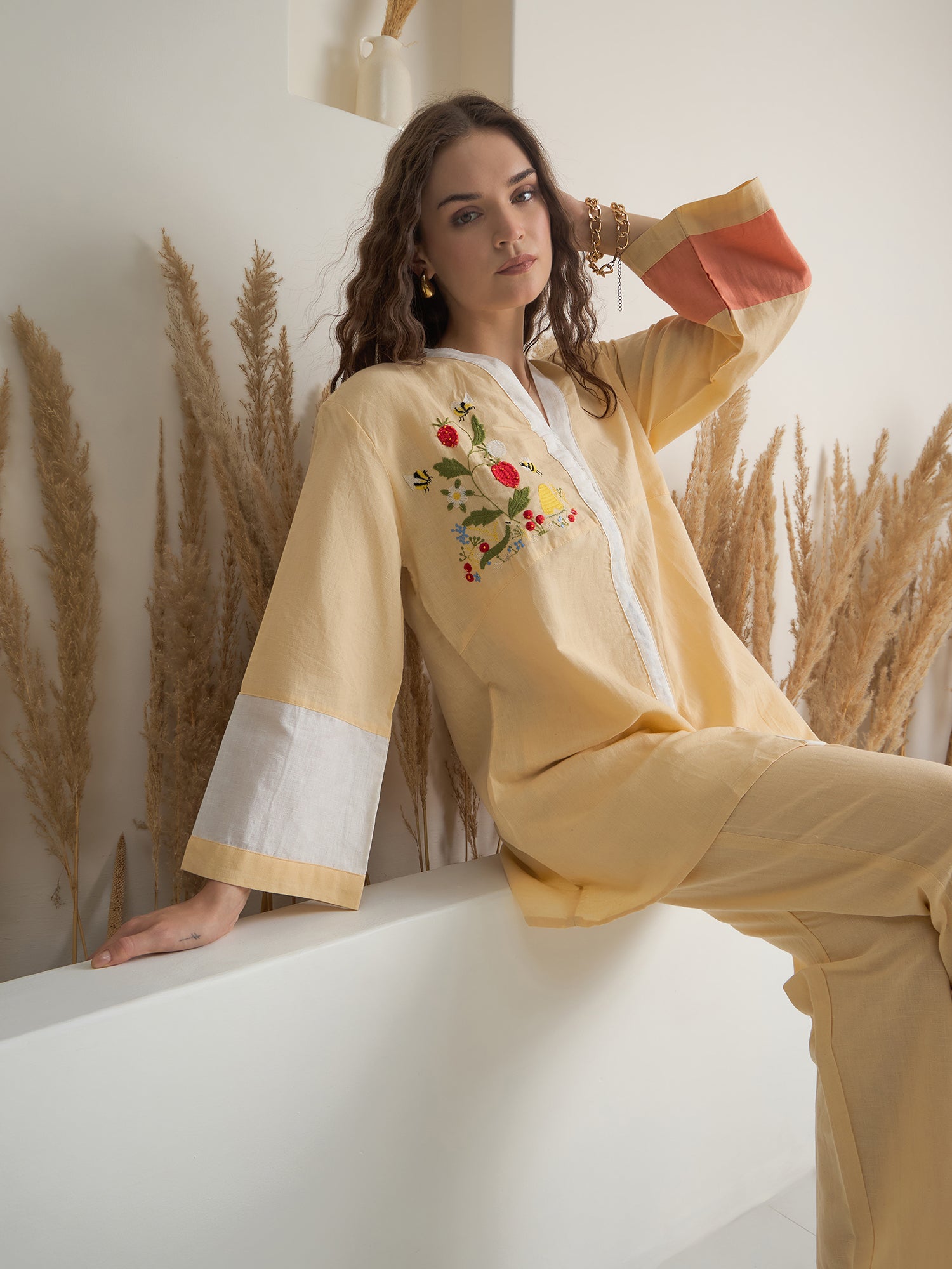 Beige V-Neck Linen Co-ords Set for Women