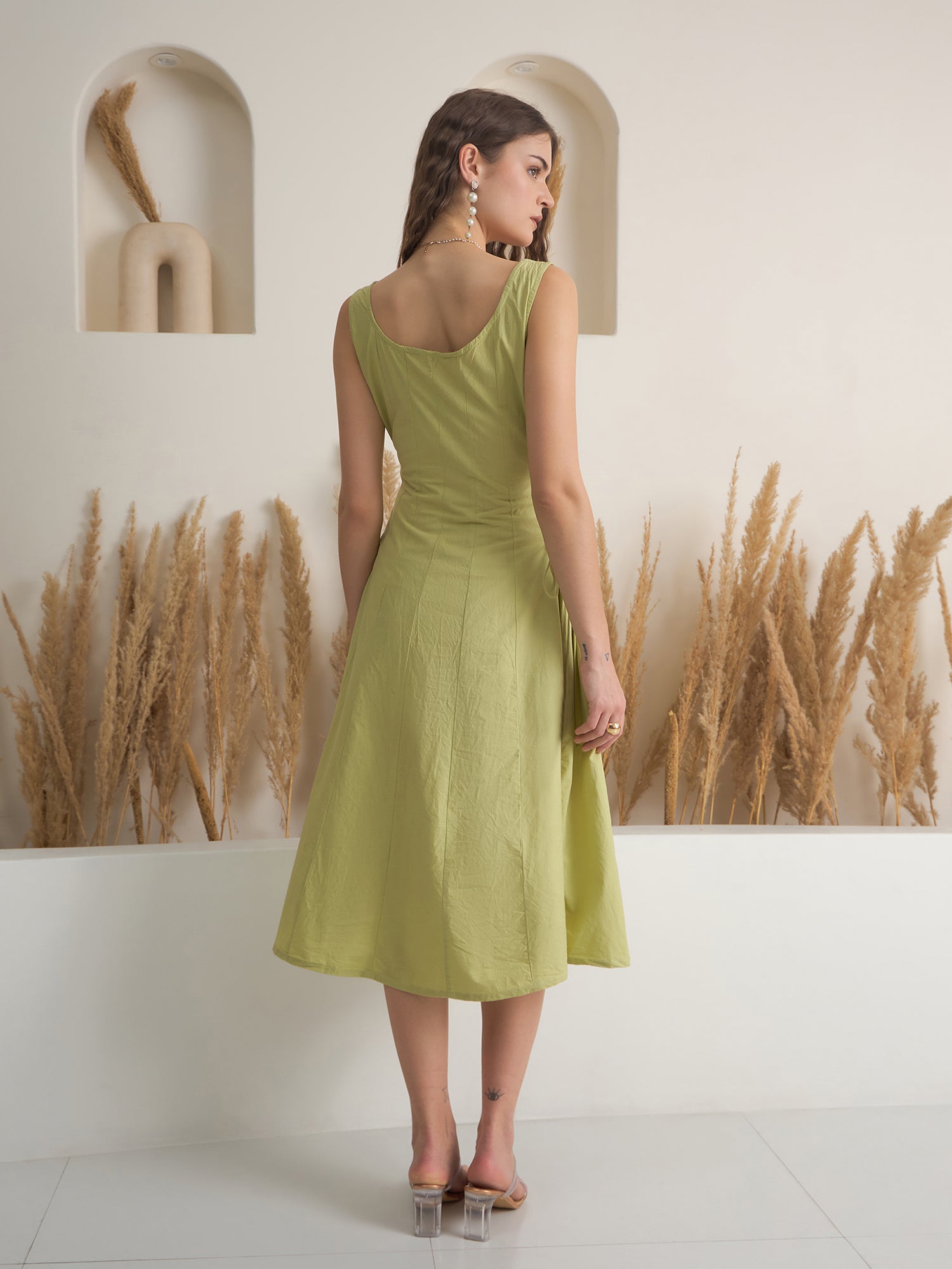 Green Color Cotton A-Line Solid Dress for Women