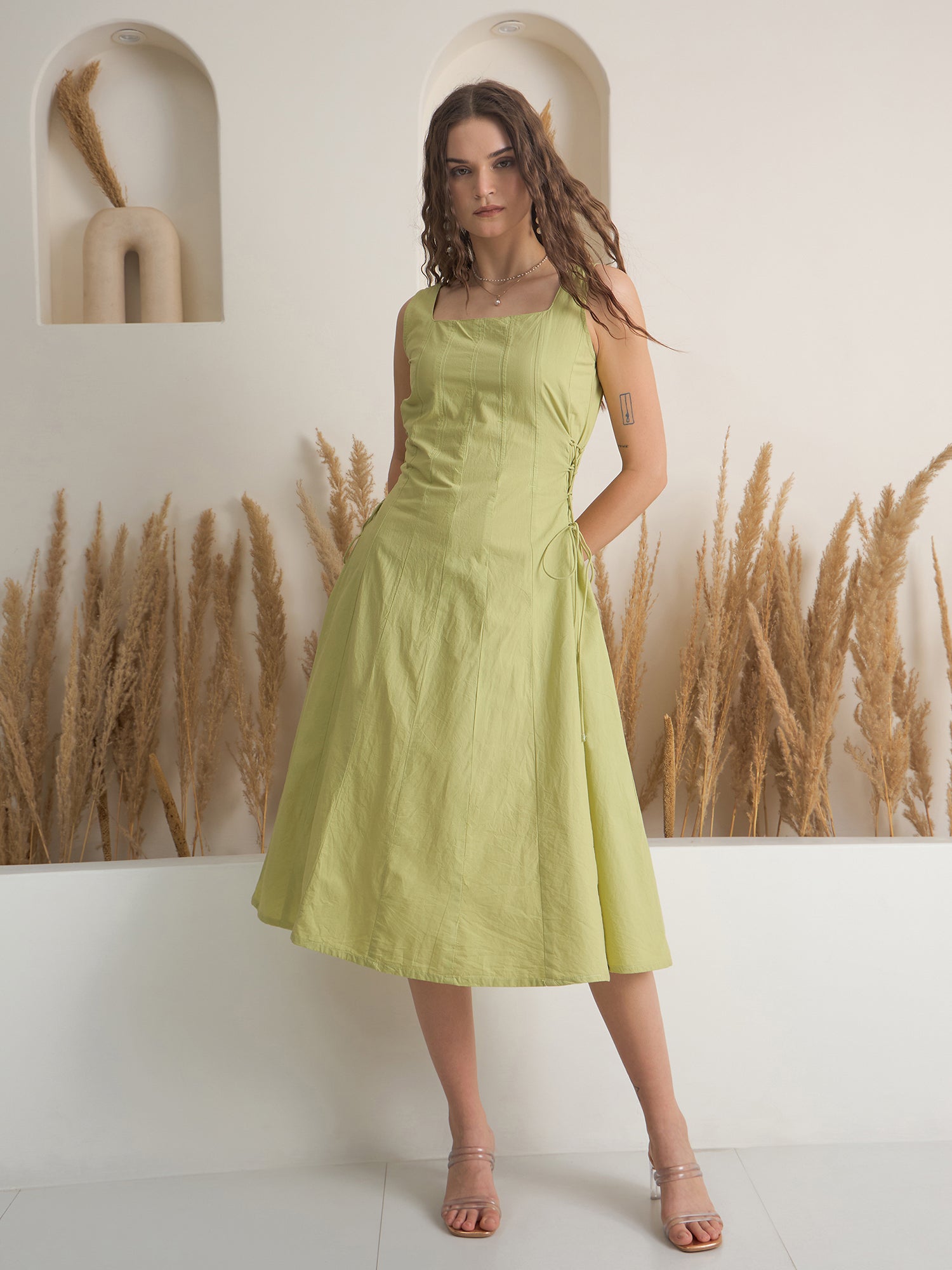Green Color Cotton A-Line Solid Dress for Women