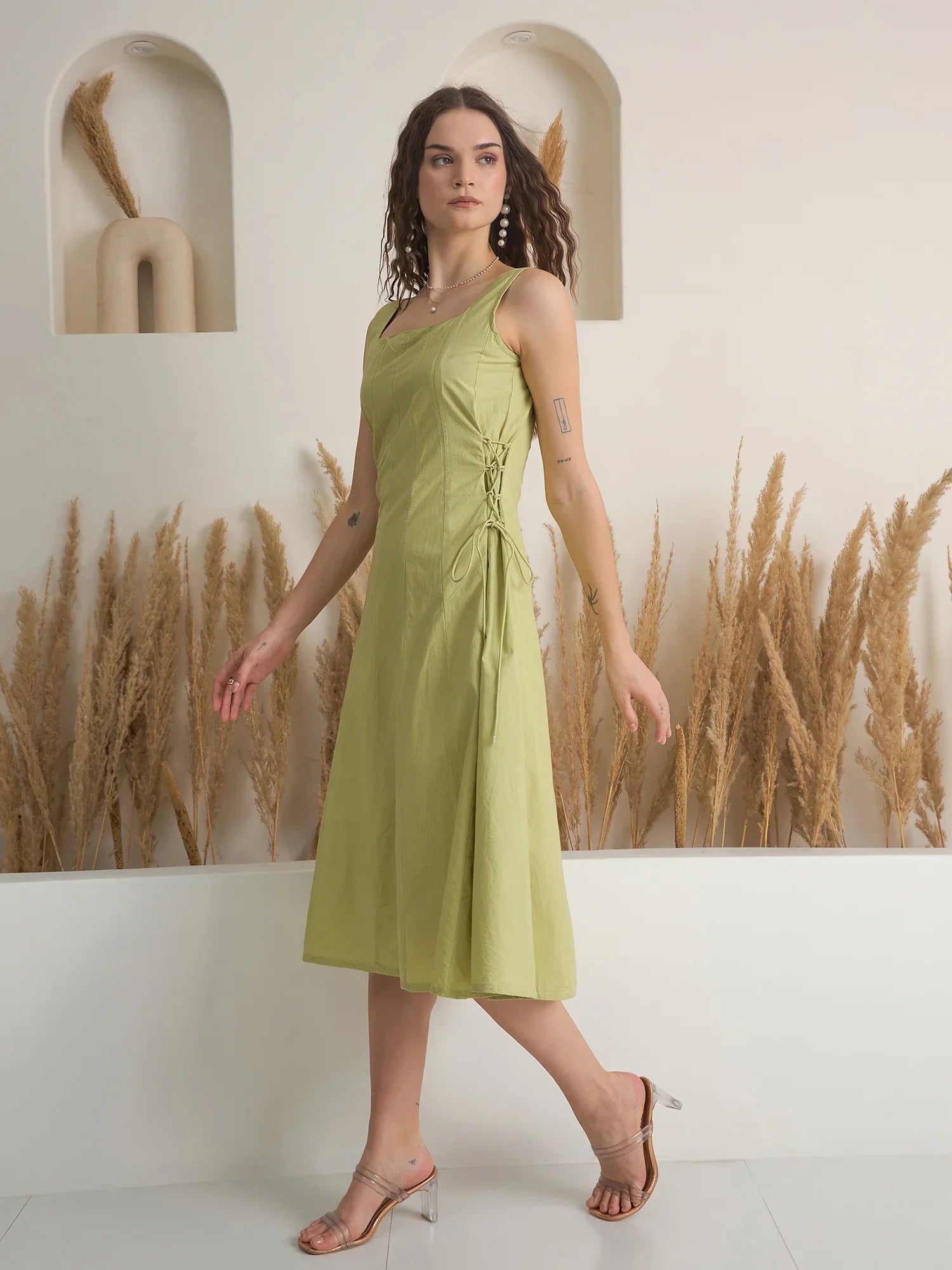 Green Color Cotton A-Line Solid Dress for Women - SanskrutiHomes