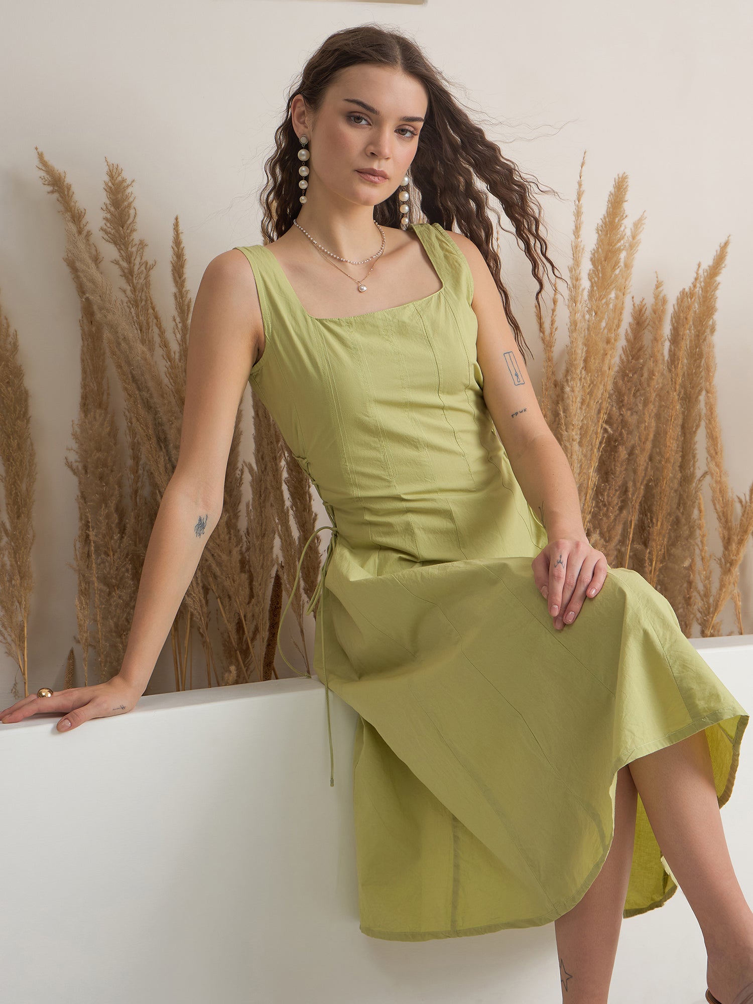 Green Color Cotton A-Line Solid Dress for Women