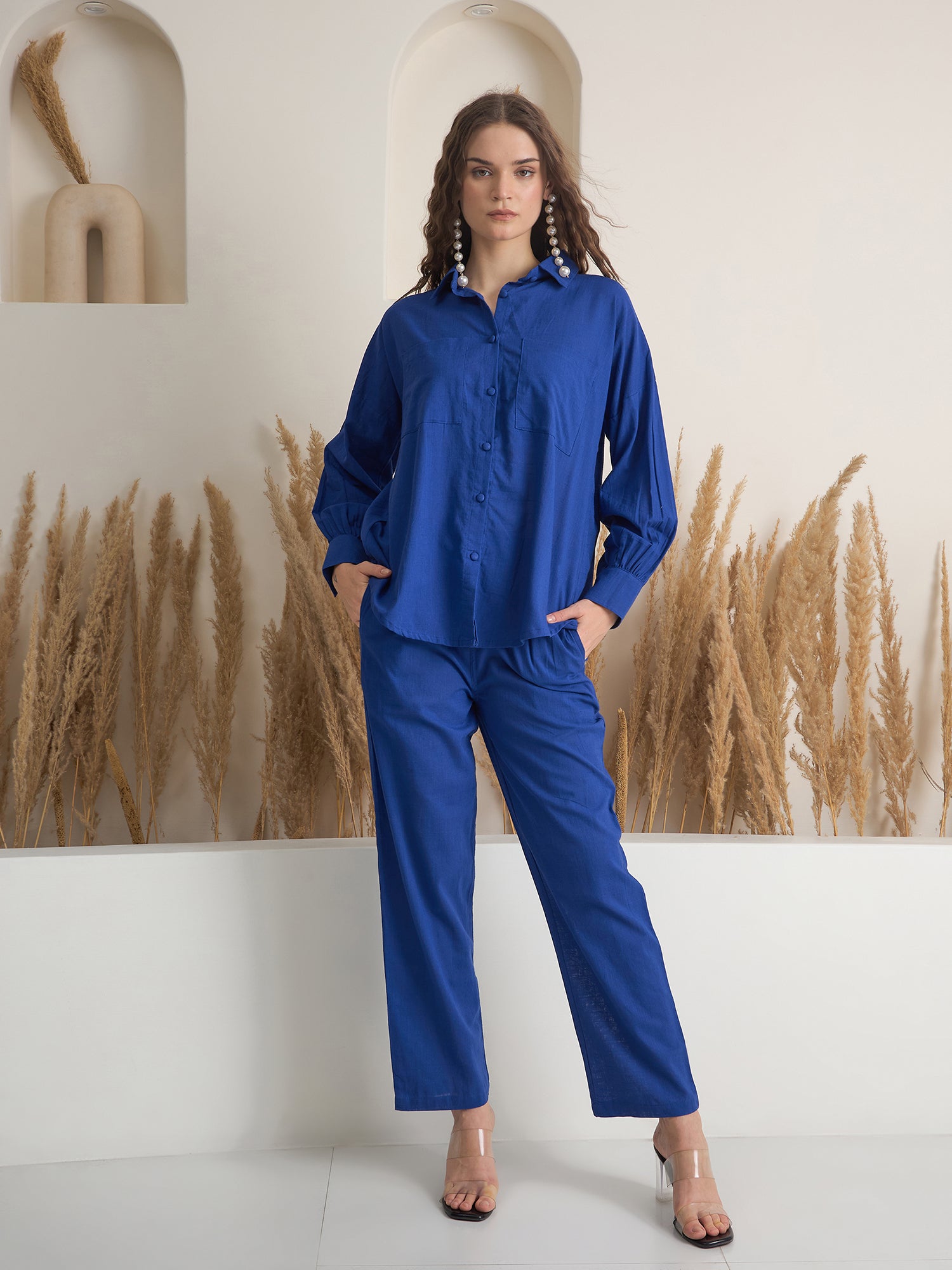 Blue Shirt Collar Pure Cotton Shirt Solid Co-ords Set for Women