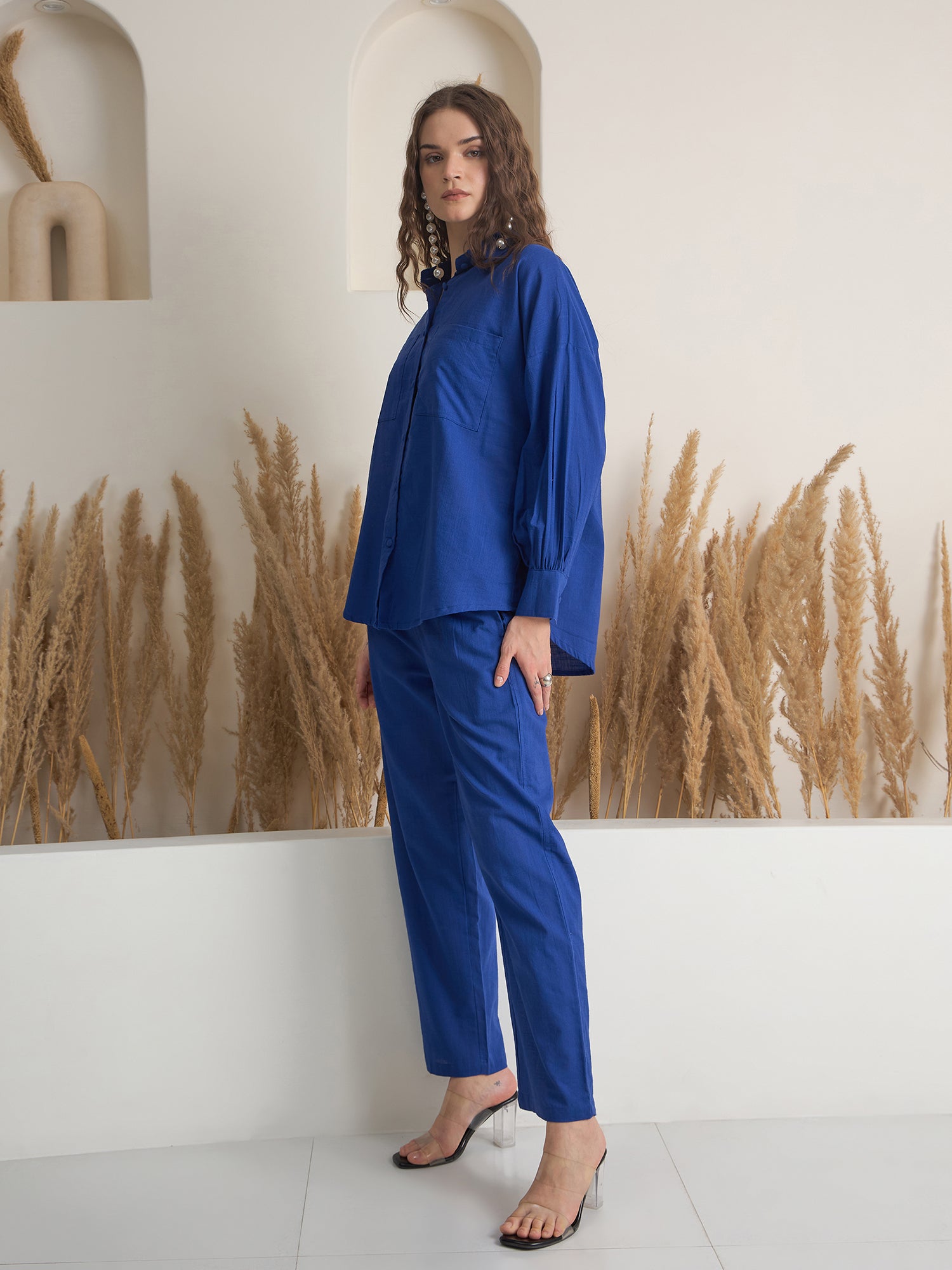 Blue Shirt Collar Pure Cotton Shirt Solid Co-ords Set for Women