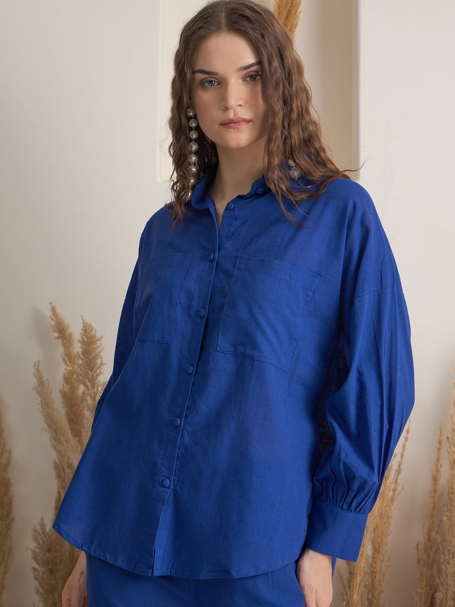 Blue Shirt Collar Pure Cotton Shirt Solid Co-ords Set for Women