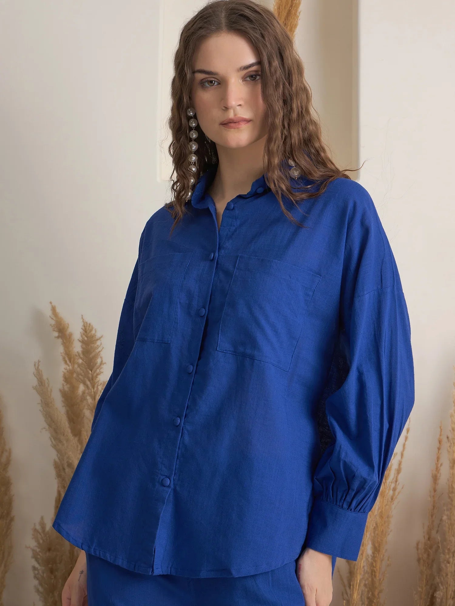 Blue Shirt Collar Pure Cotton Shirt Solid Co-ords Set for Women - SanskrutiHomes