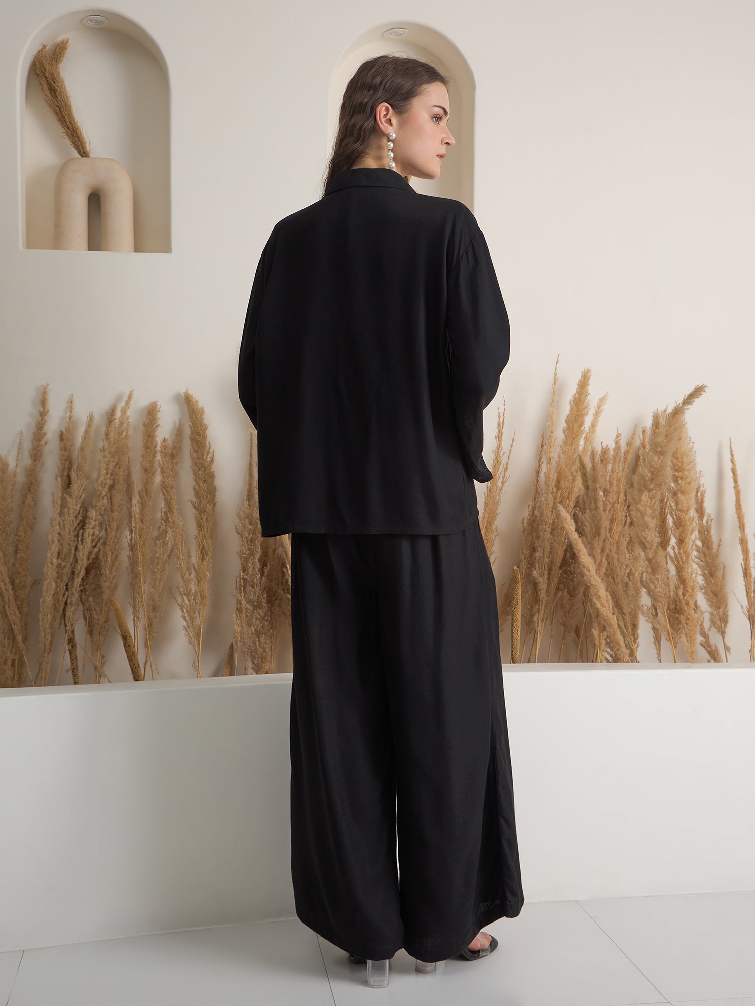 Black Solid Shirt Collar Co-Ord Set for Women