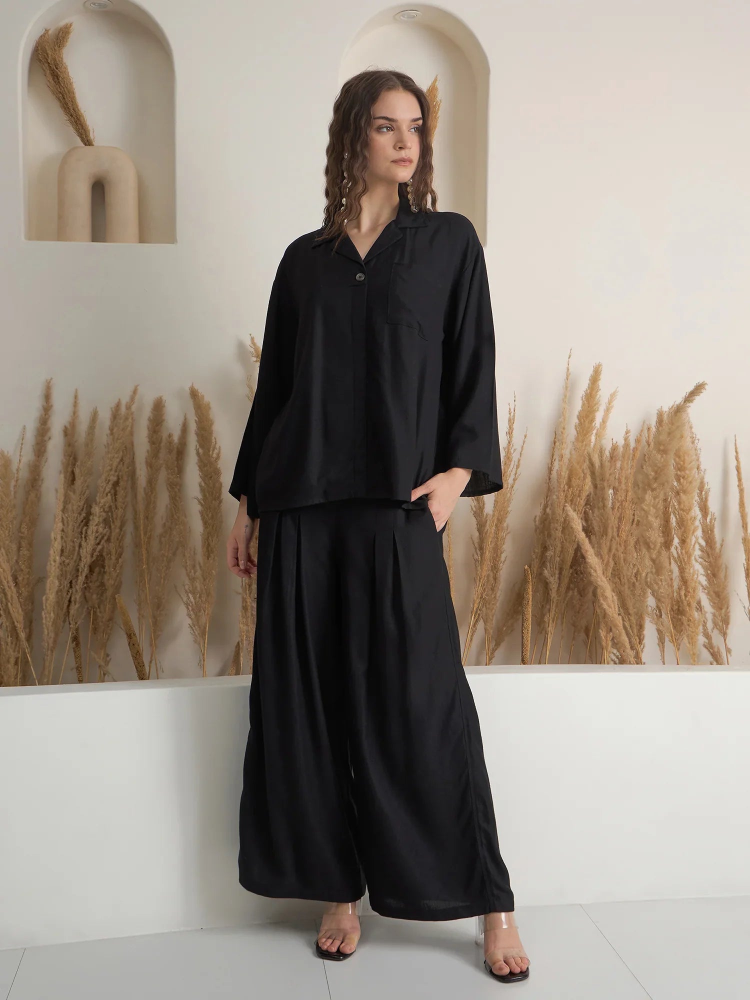 Black Solid Shirt Collar Co-Ord Set for Women - SanskrutiHomes