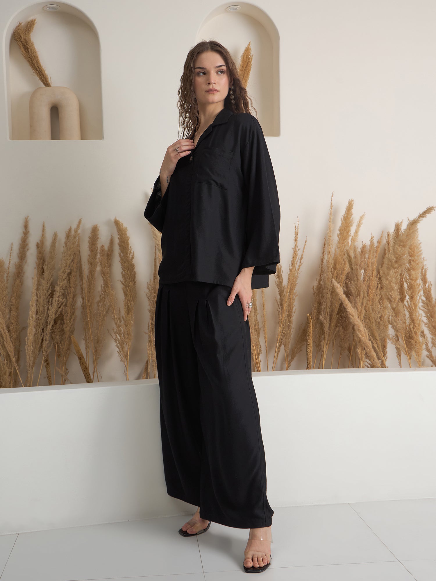 Black Solid Shirt Collar Co-Ord Set for Women