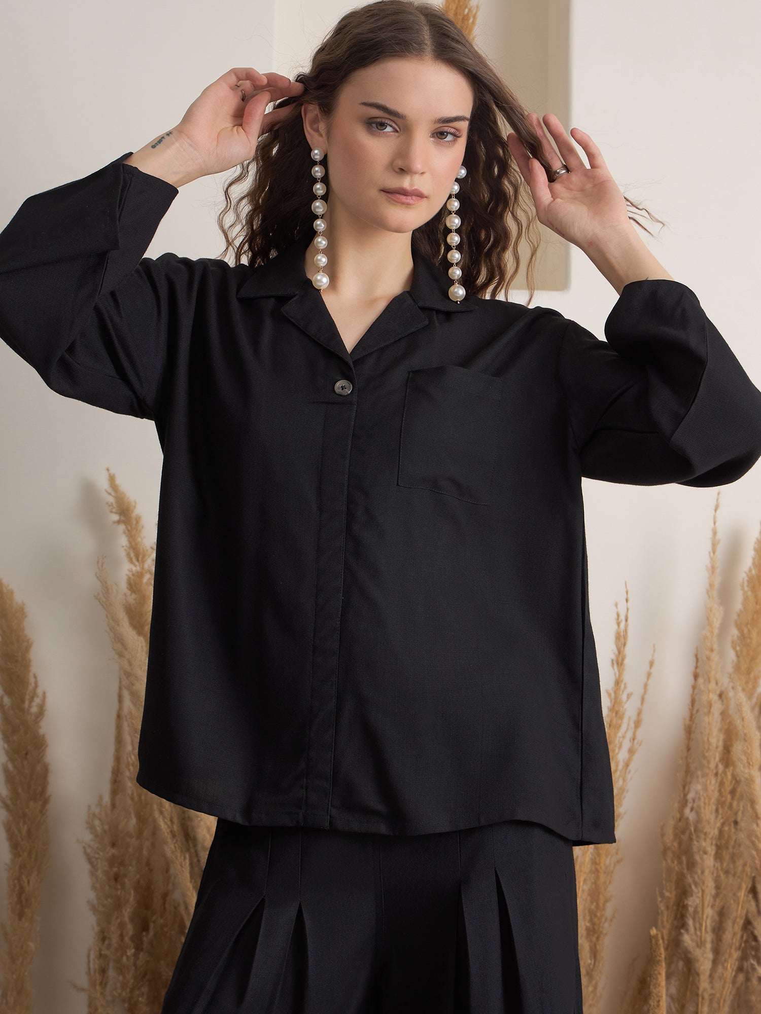 Black Solid Shirt Collar Co-Ord Set for Women