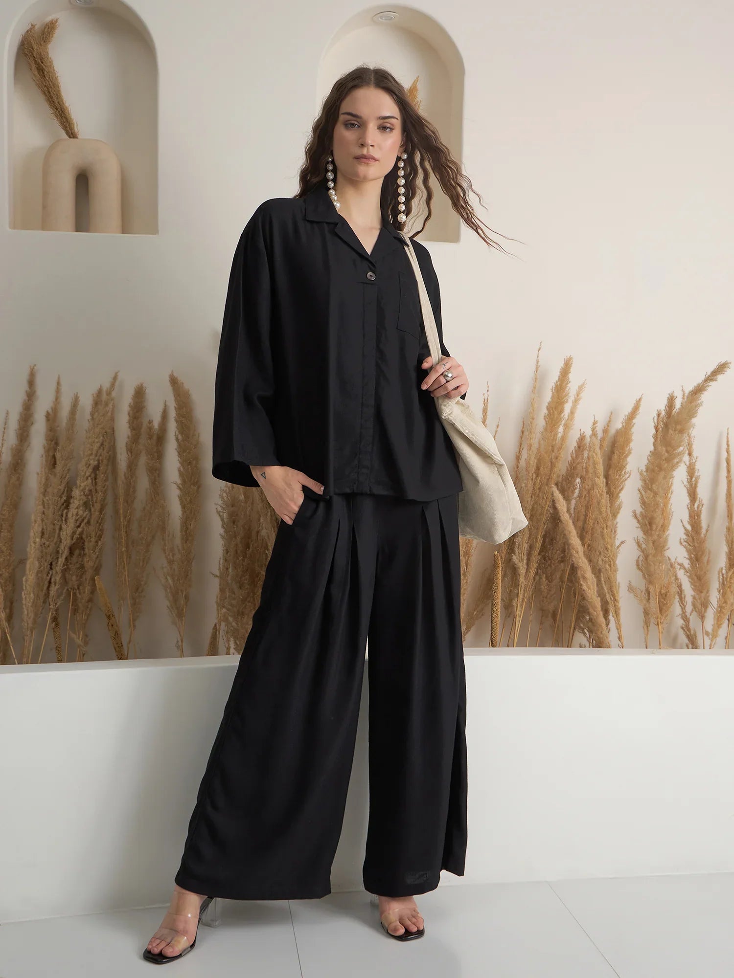 Black Solid Shirt Collar Co-Ord Set for Women - SanskrutiHomes