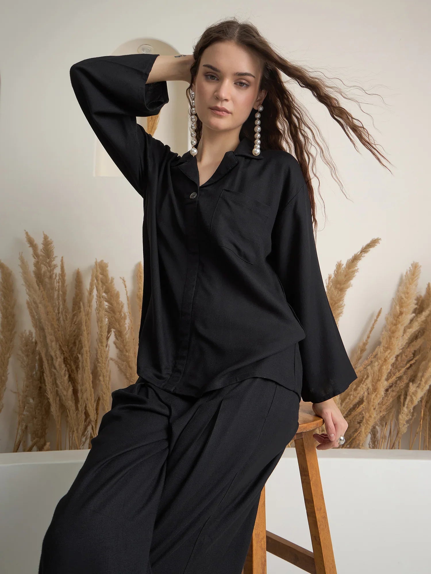 Black Solid Shirt Collar Co-Ord Set for Women - SanskrutiHomes