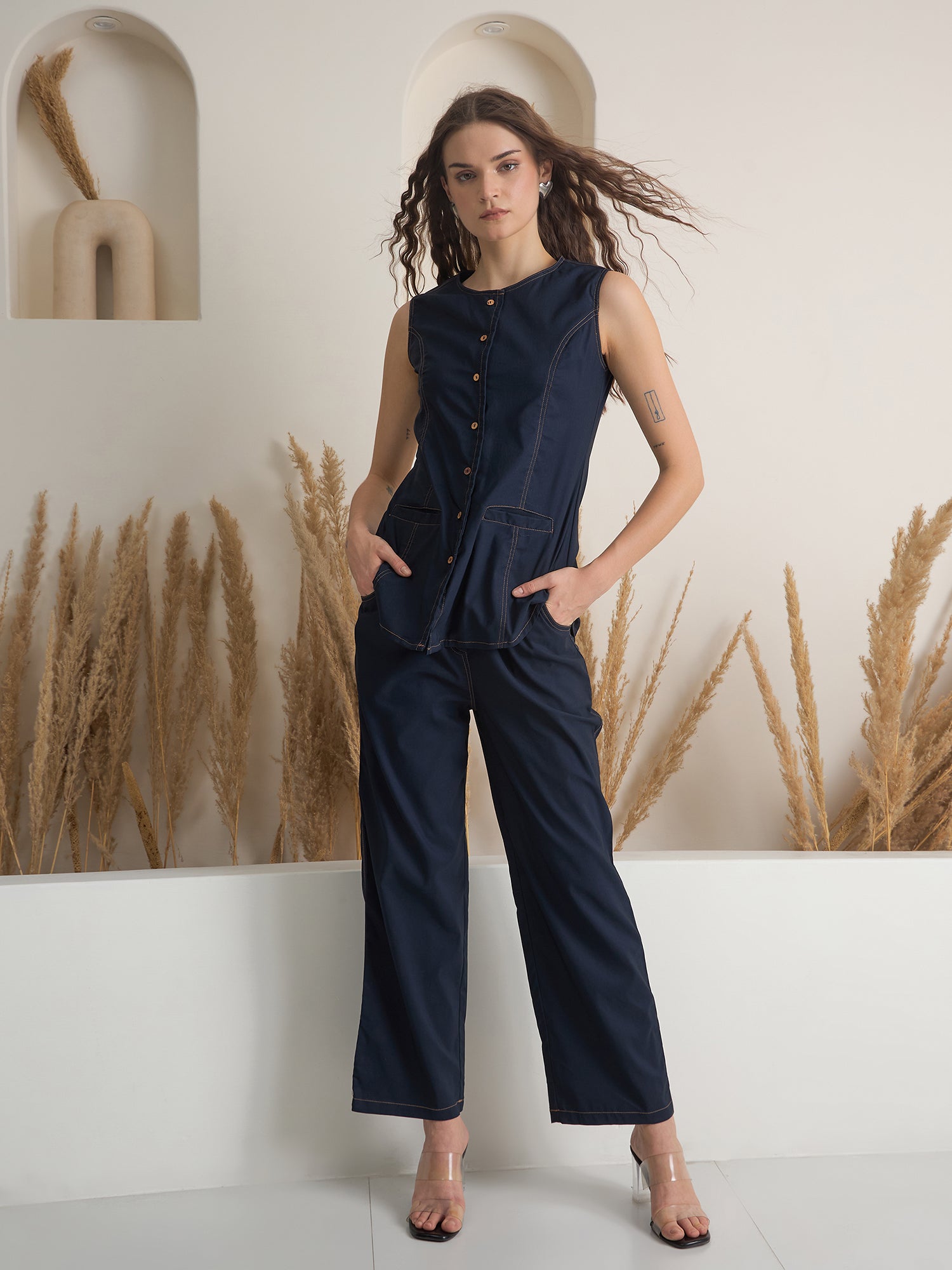 Navy Blue Denim Shirt Collar Pure Cotton Top Dyed Co-ords Set for Women - SanskrutiHomes