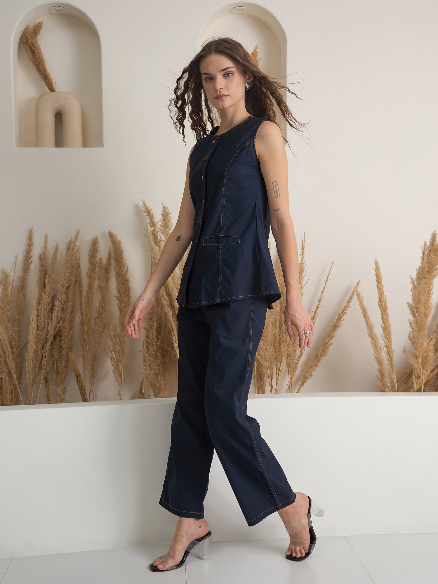 Navy Blue Denim Shirt Collar Pure Cotton Top Dyed Co-ords Set for Women - SanskrutiHomes