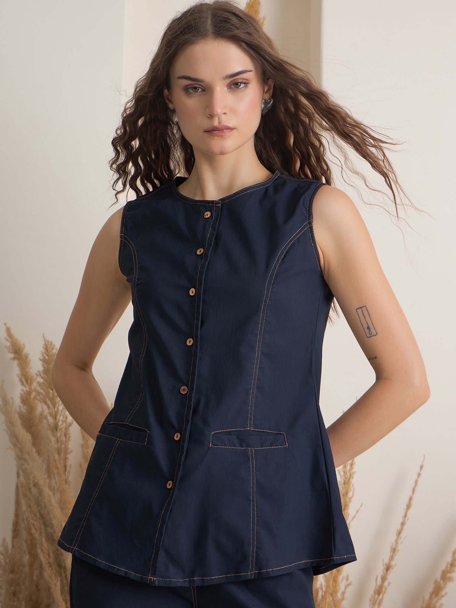 Navy Blue Shirt Collar Pure Cotton Top Dyed Co-ords Set for Women