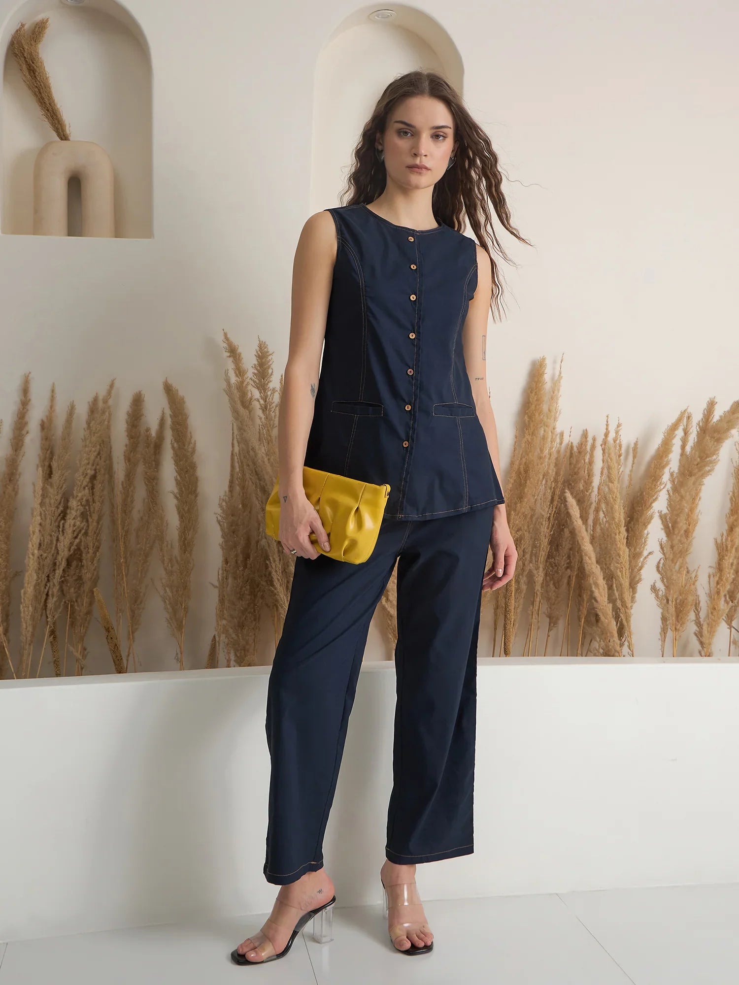 Navy Blue Denim Shirt Collar Pure Cotton Top Dyed Co-ords Set for Women - SanskrutiHomes