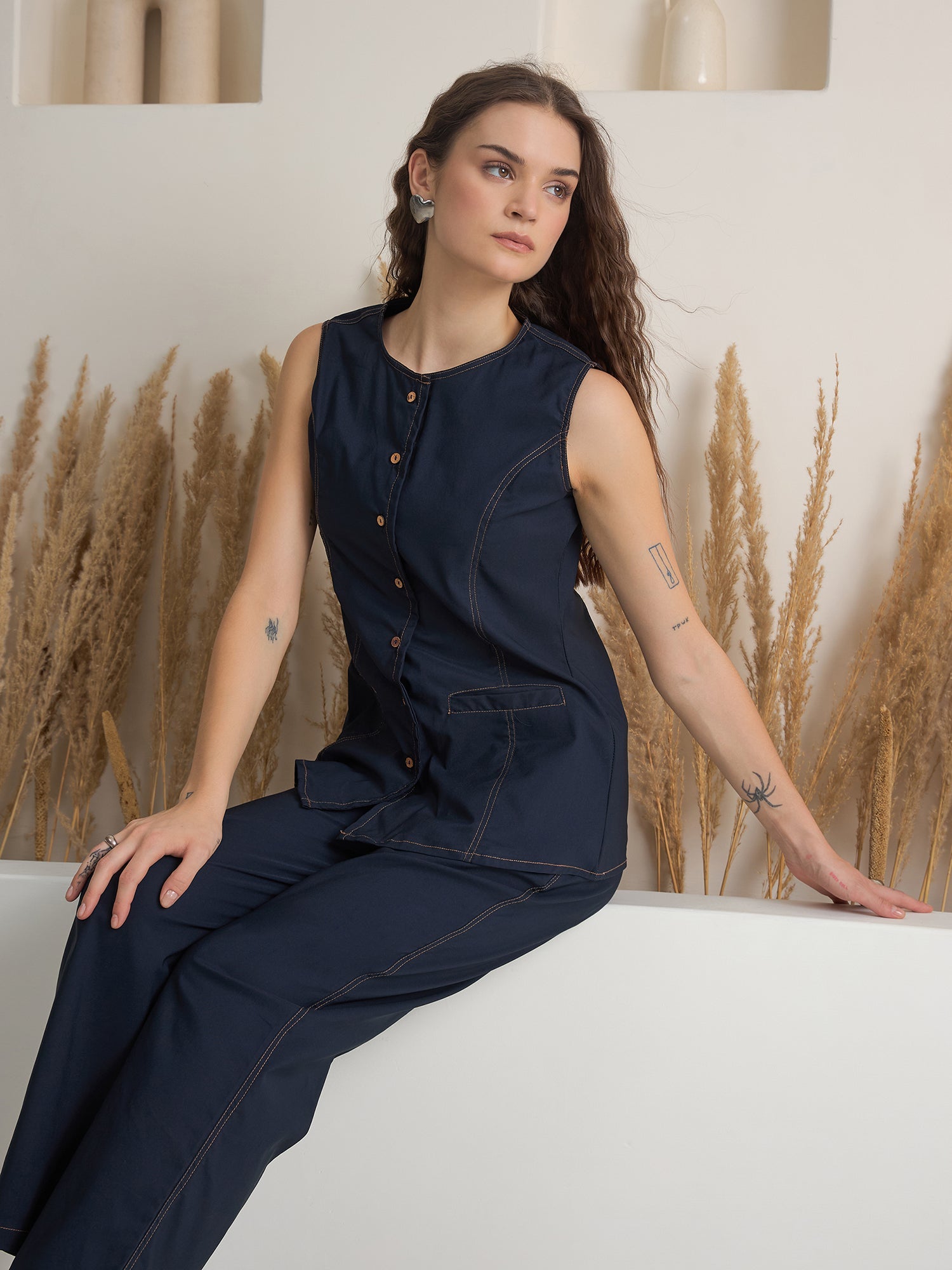 Navy Blue Denim Shirt Collar Pure Cotton Top Dyed Co-ords Set for Women - SanskrutiHomes