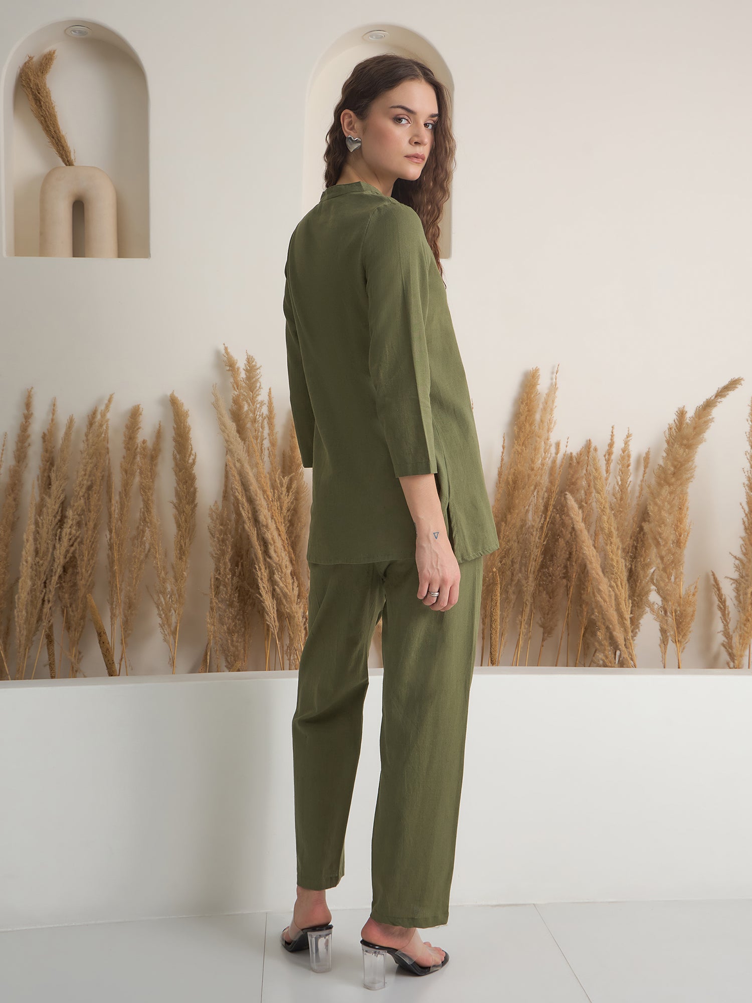 Olive V Neck Pure Cotton Solid Night Suit for Women