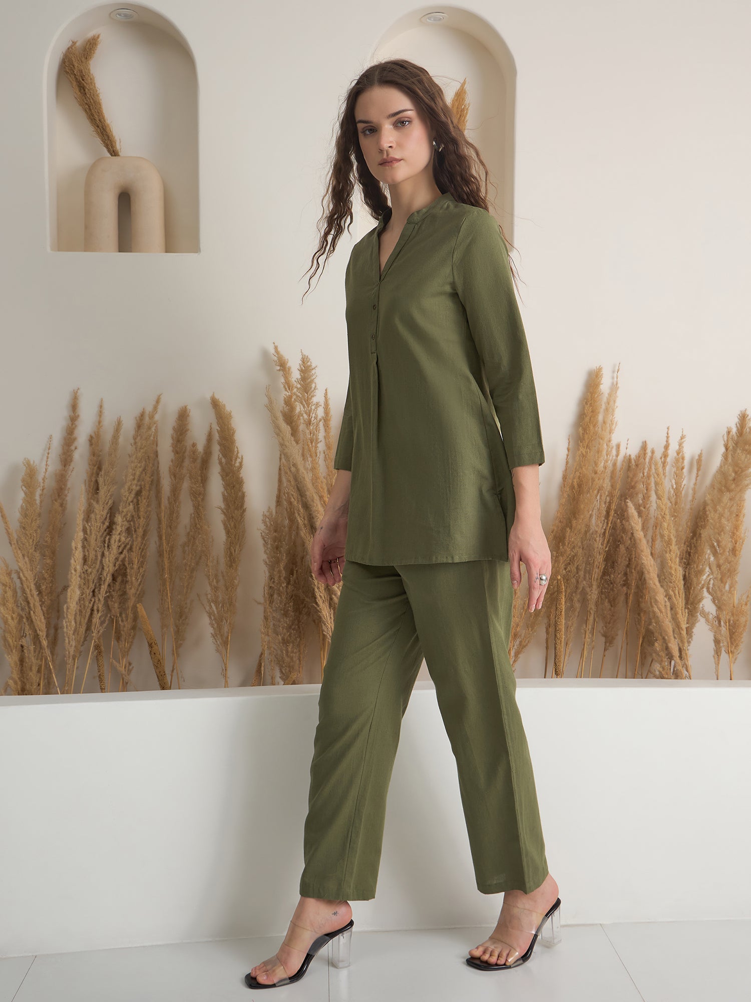 Olive V Neck Pure Cotton Solid Night Suit for Women - SanskrutiHomes
