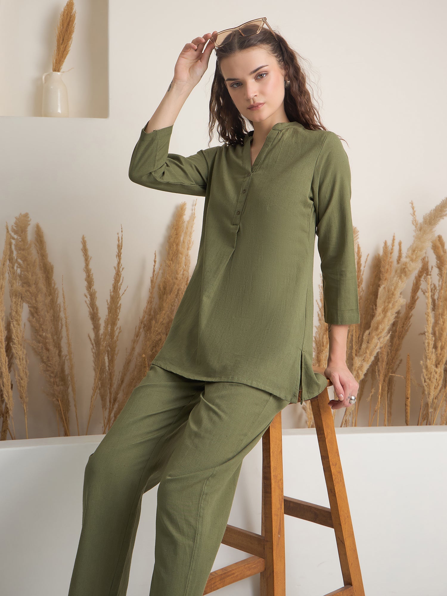 Olive V Neck Pure Cotton Solid Night Suit for Women - SanskrutiHomes
