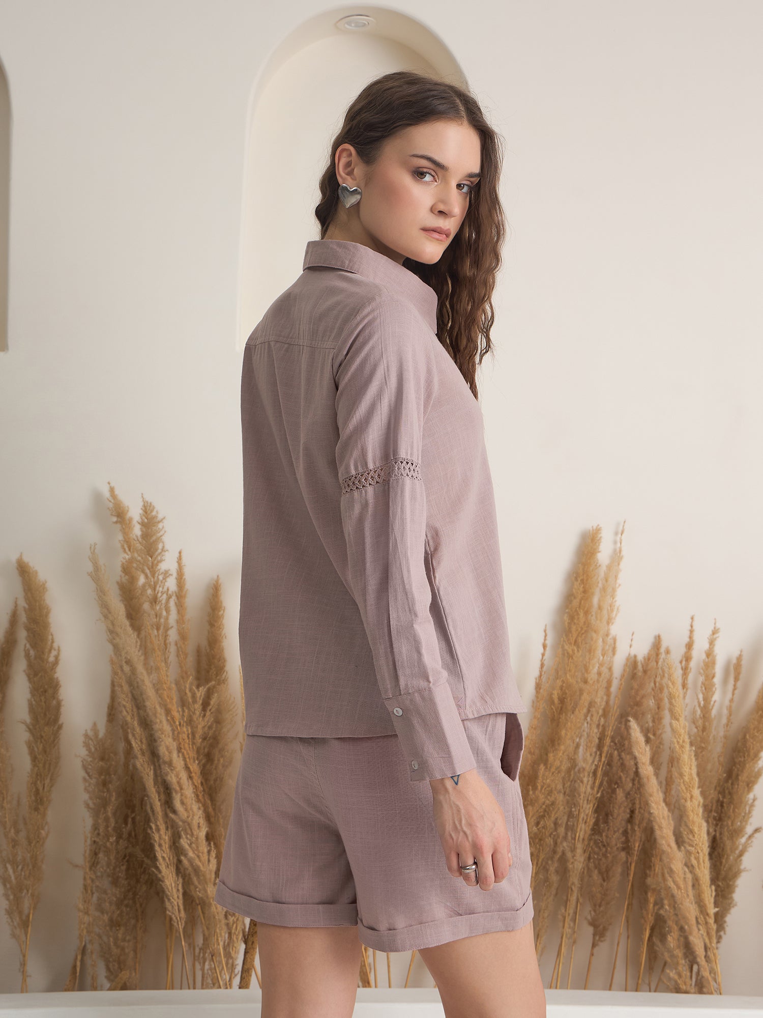 Mauve Color Shirt Collar Pure Cotton Dyed Co-ords Set for Women