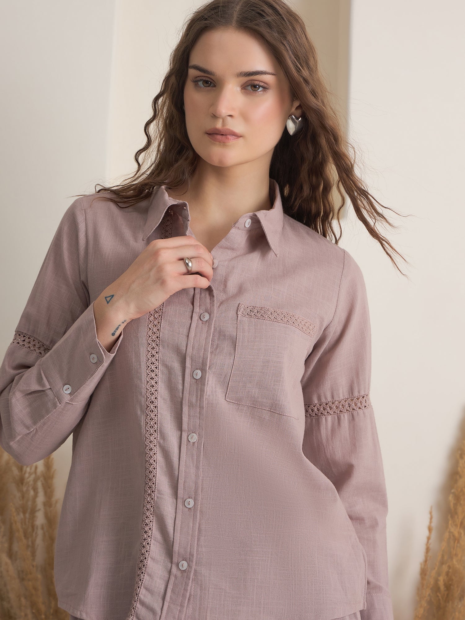 Mauve Color Shirt Collar Pure Cotton Dyed Co-ords Set for Women