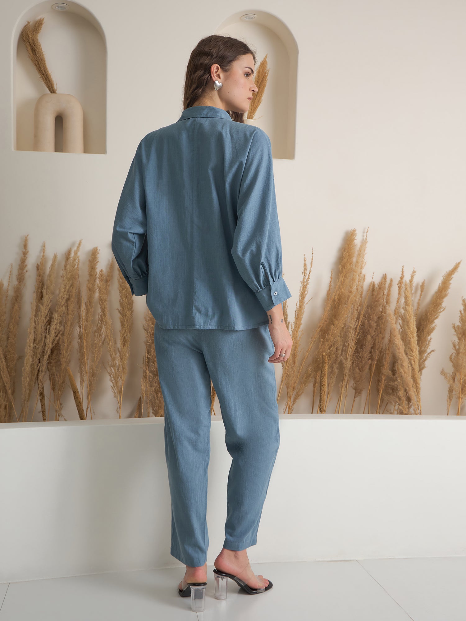 Blue Shirt Collar Pure Cotton Solid Night Suit for Women