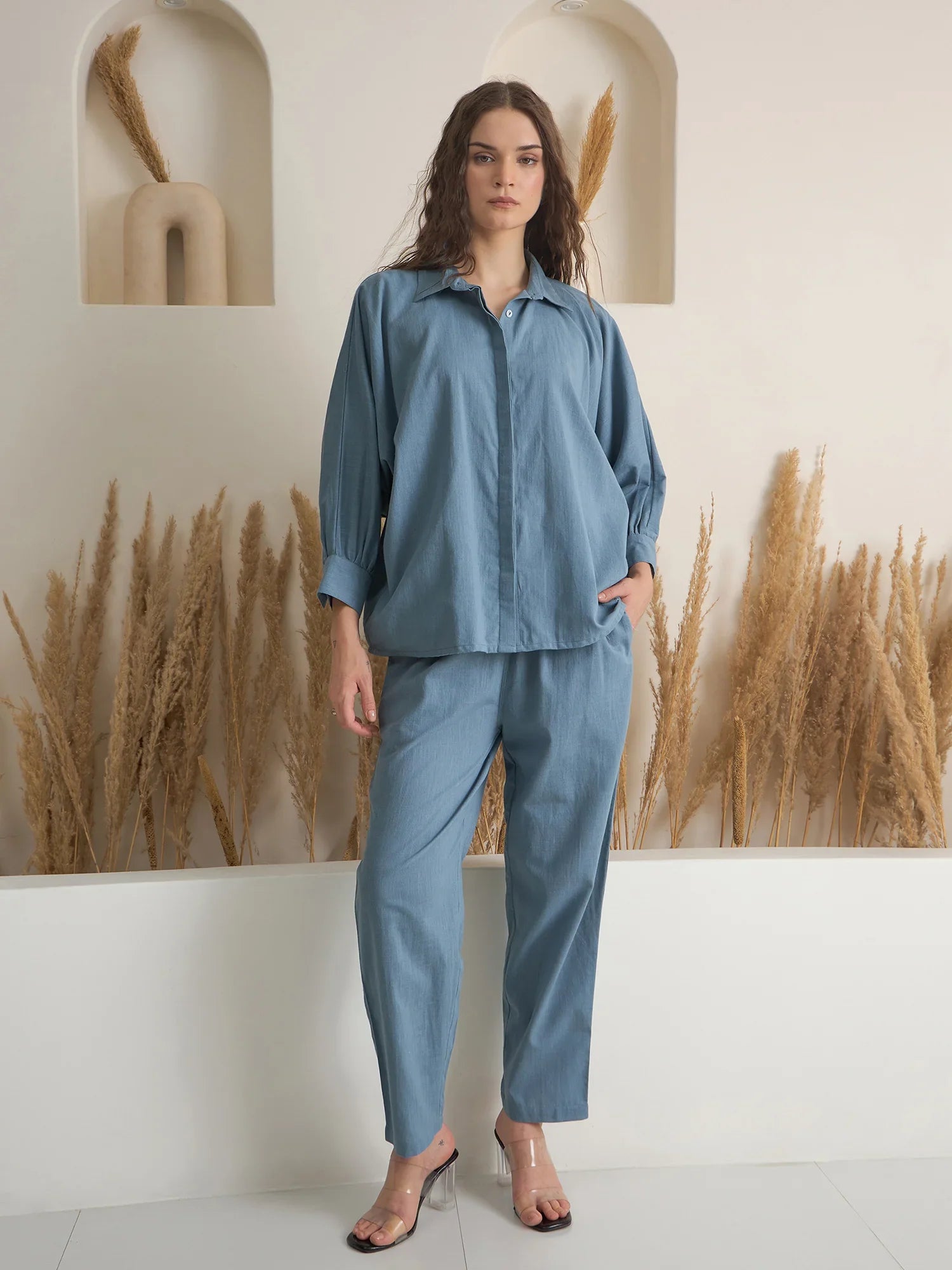 Blue Shirt Collar Pure Cotton Solid Night Suit For Women