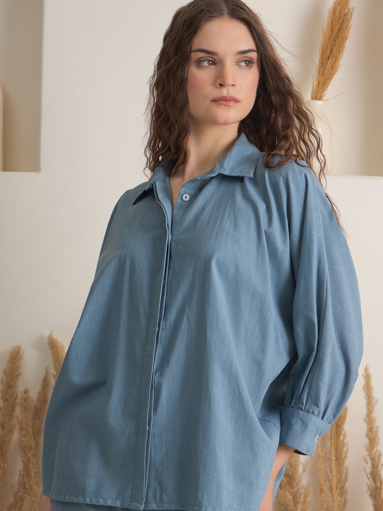 Blue Shirt Collar Pure Cotton Solid Night Suit for Women