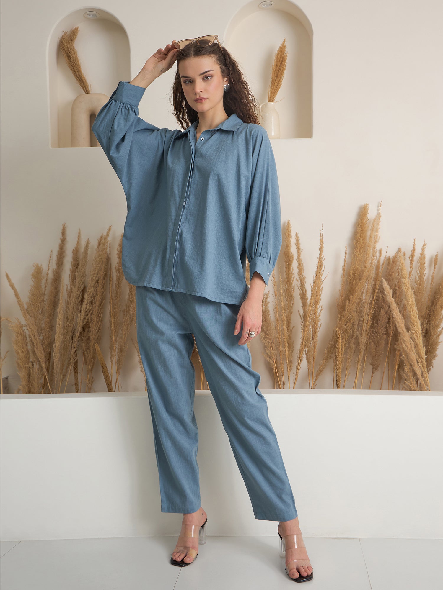 Blue Shirt Collar Pure Cotton Solid Night Suit for Women