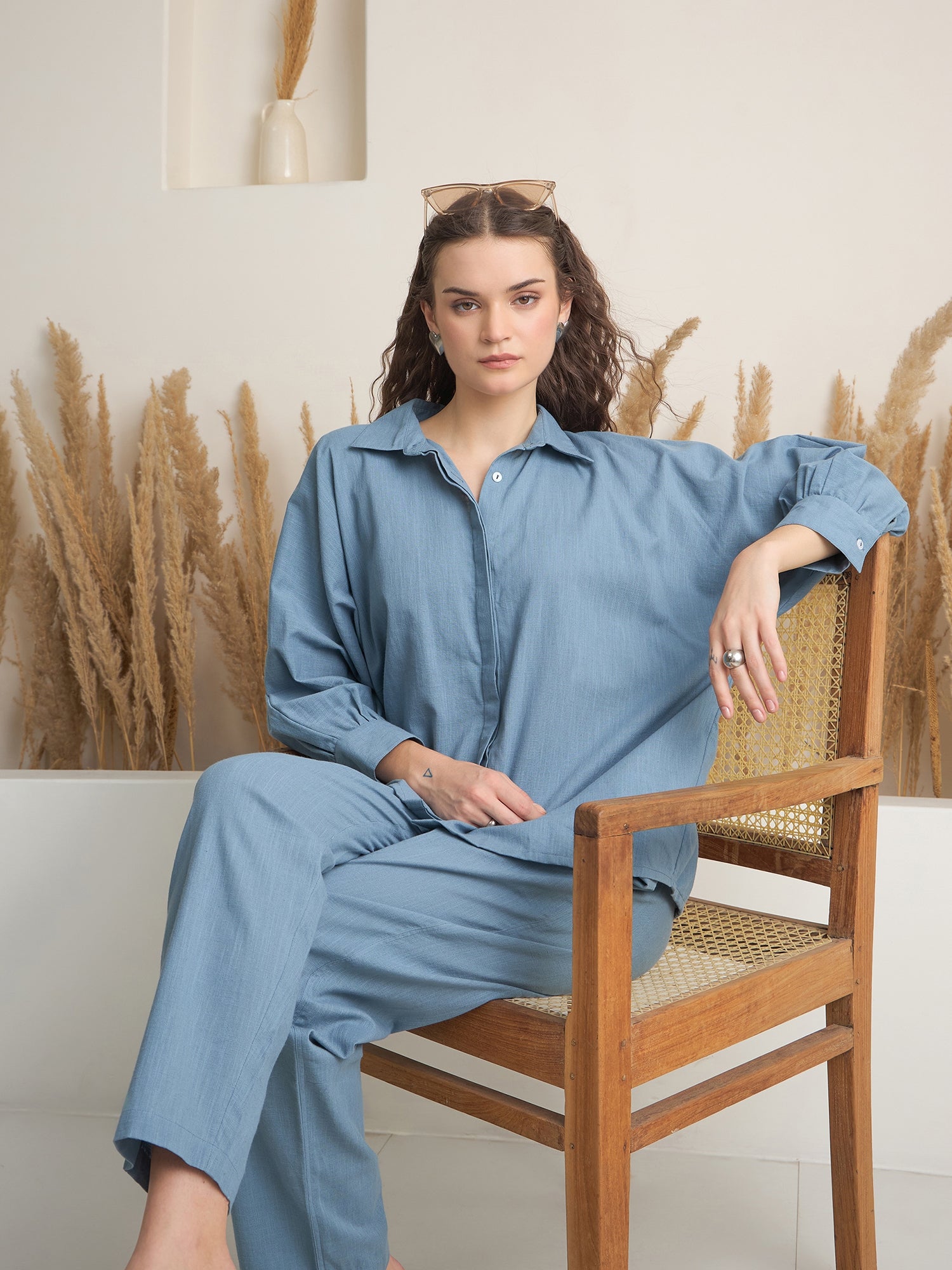 Blue Shirt Collar Pure Cotton Solid Night Suit for Women