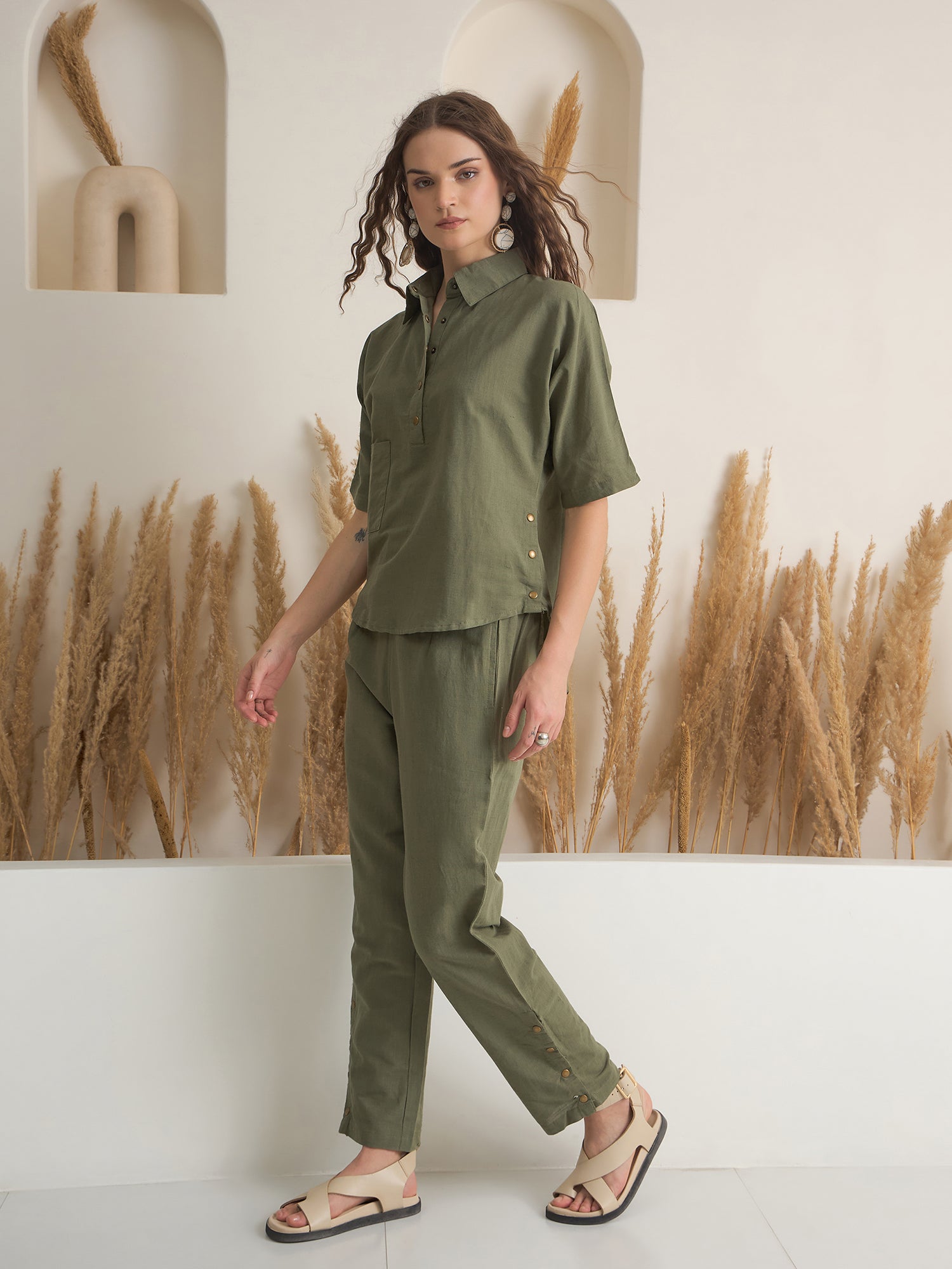 Olive Shirt Collar Viscose Rayon Co-ords Set for Women
