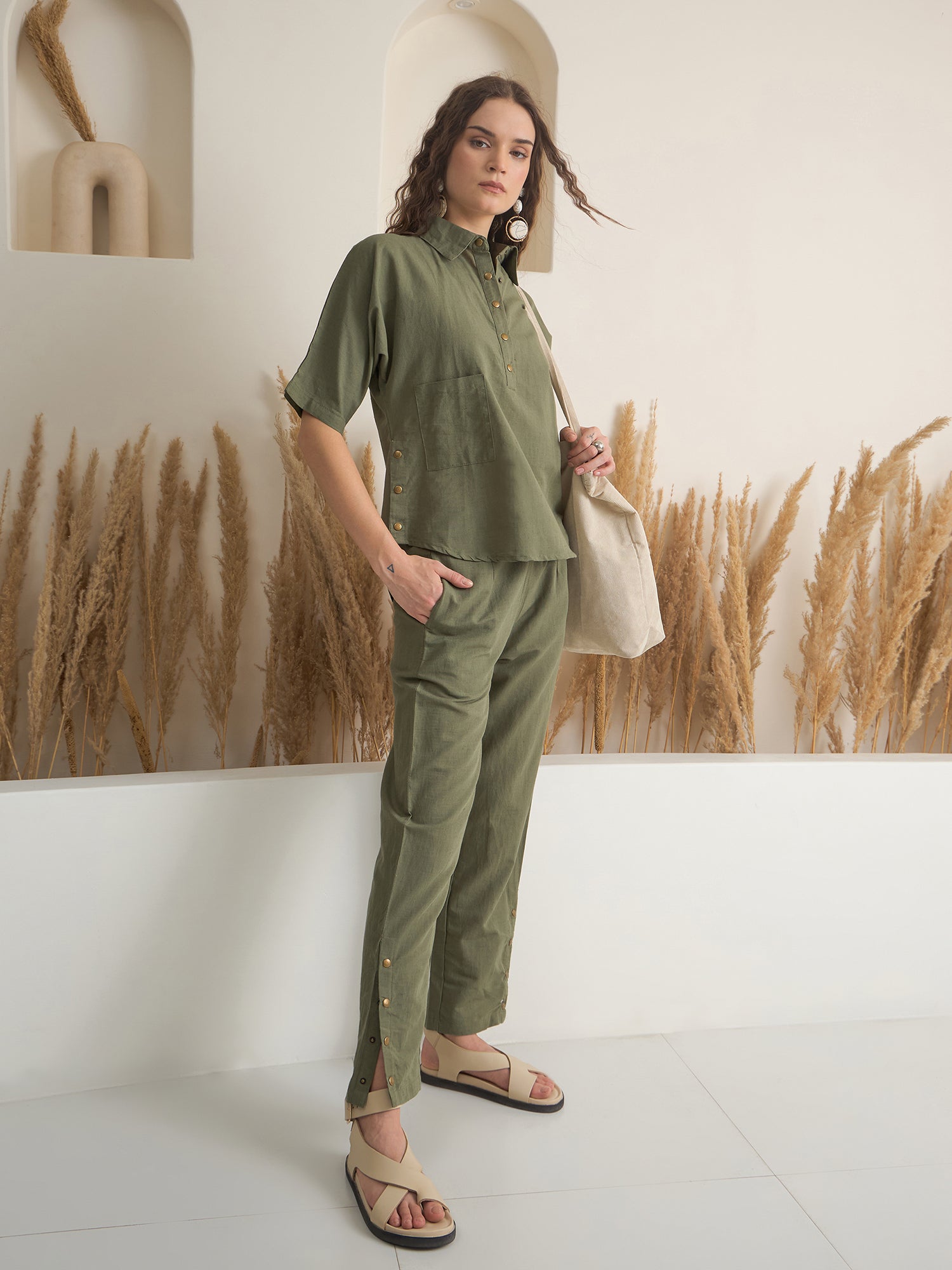 Olive Shirt Collar Viscose Rayon Co-ords Set for Women