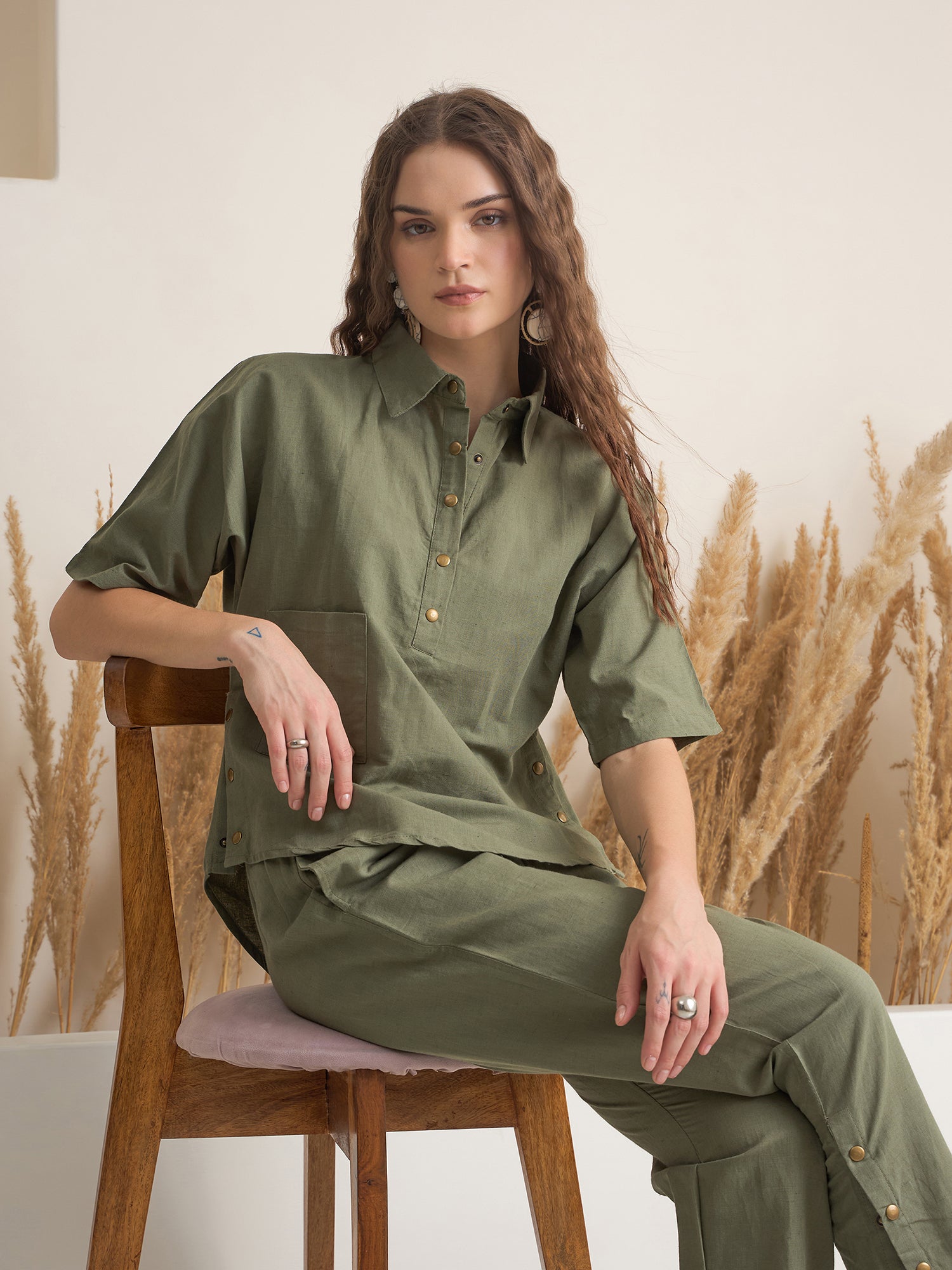 Olive Shirt Collar Viscose Rayon Co-ords Set for Women