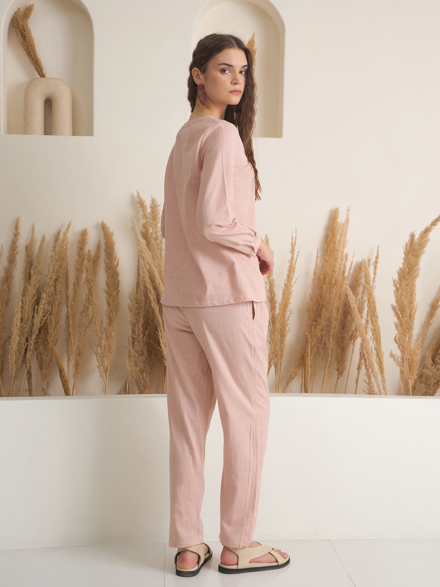 Peach Round Neck Pure Cotton Solid Night Suit for Women