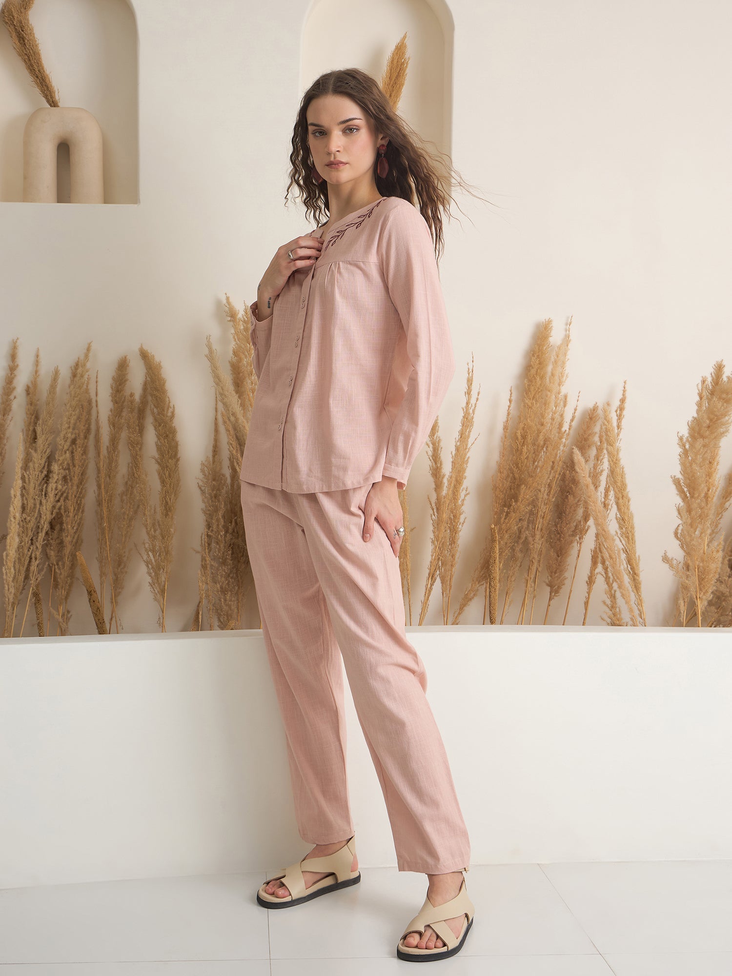 Peach Round Neck Pure Cotton Solid Night Suit for Women - SanskrutiHomes