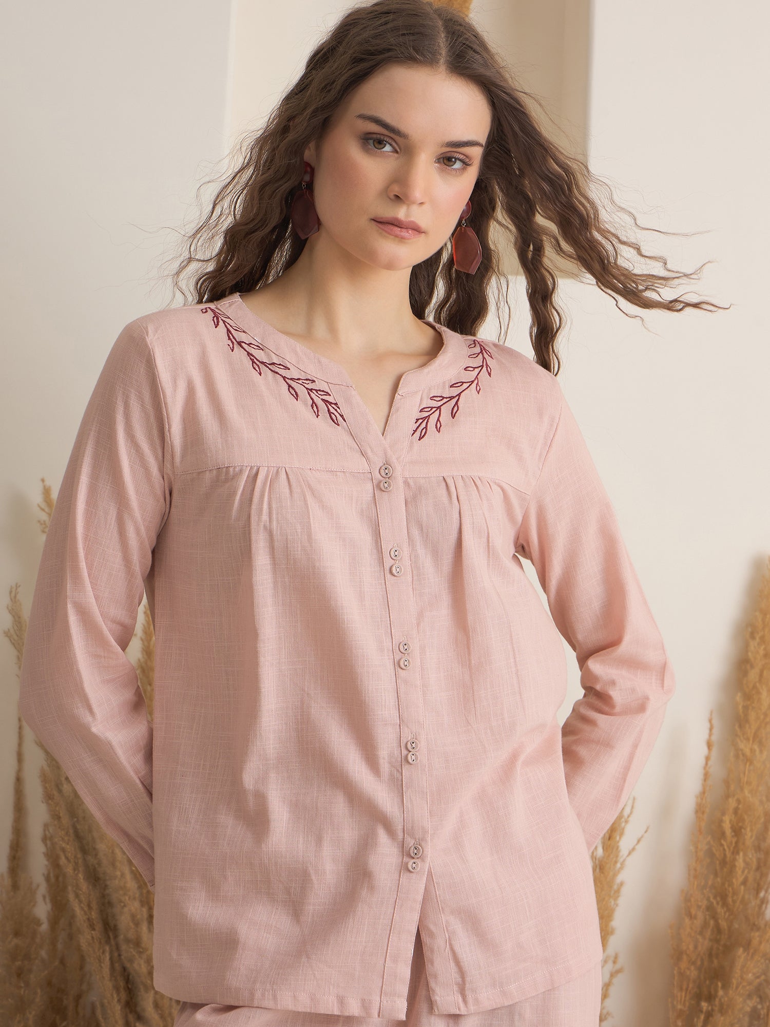 Peach Round Neck Pure Cotton Solid Night Suit for Women