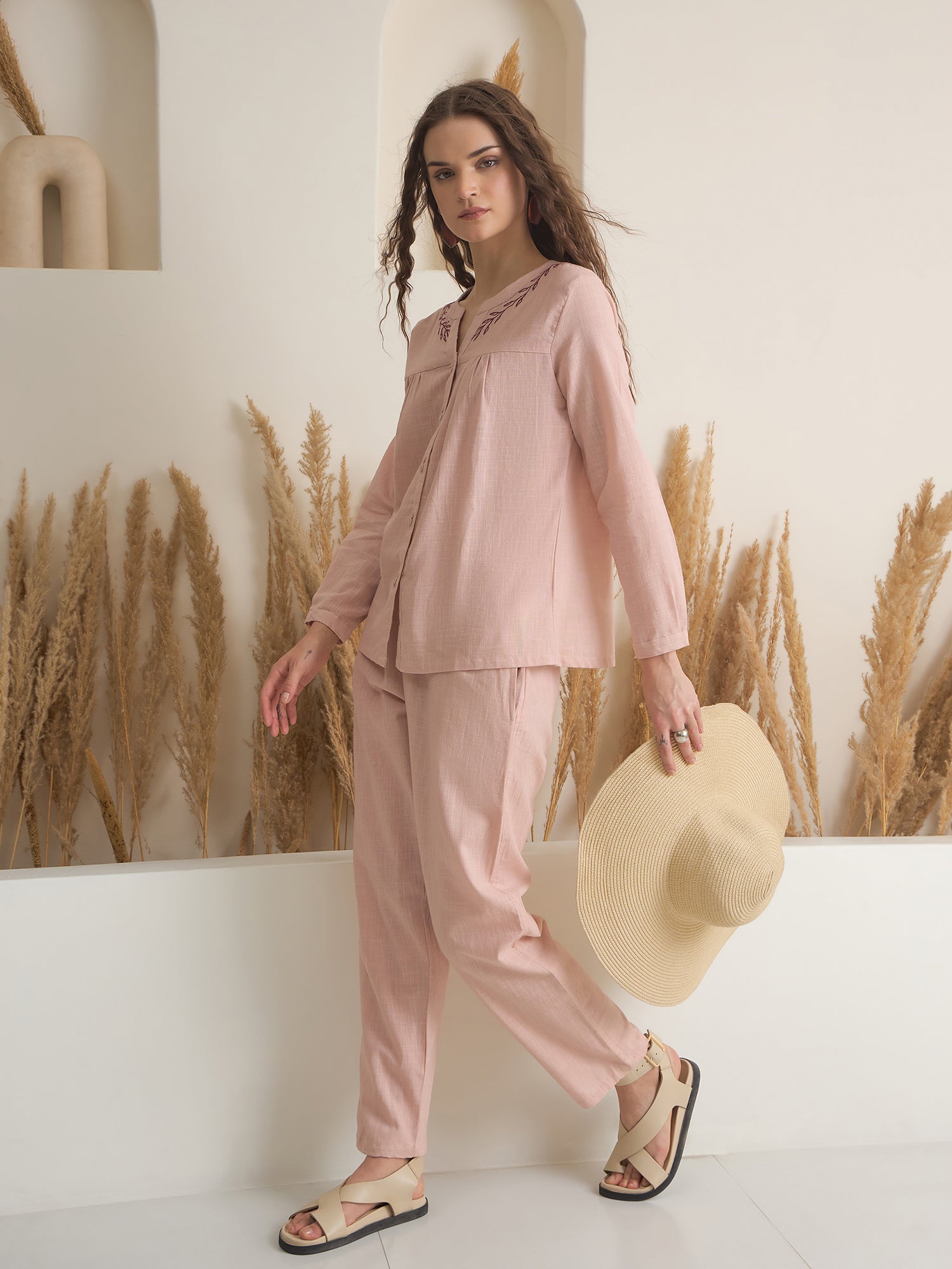 Peach Round Neck Pure Cotton Solid Night Suit for Women