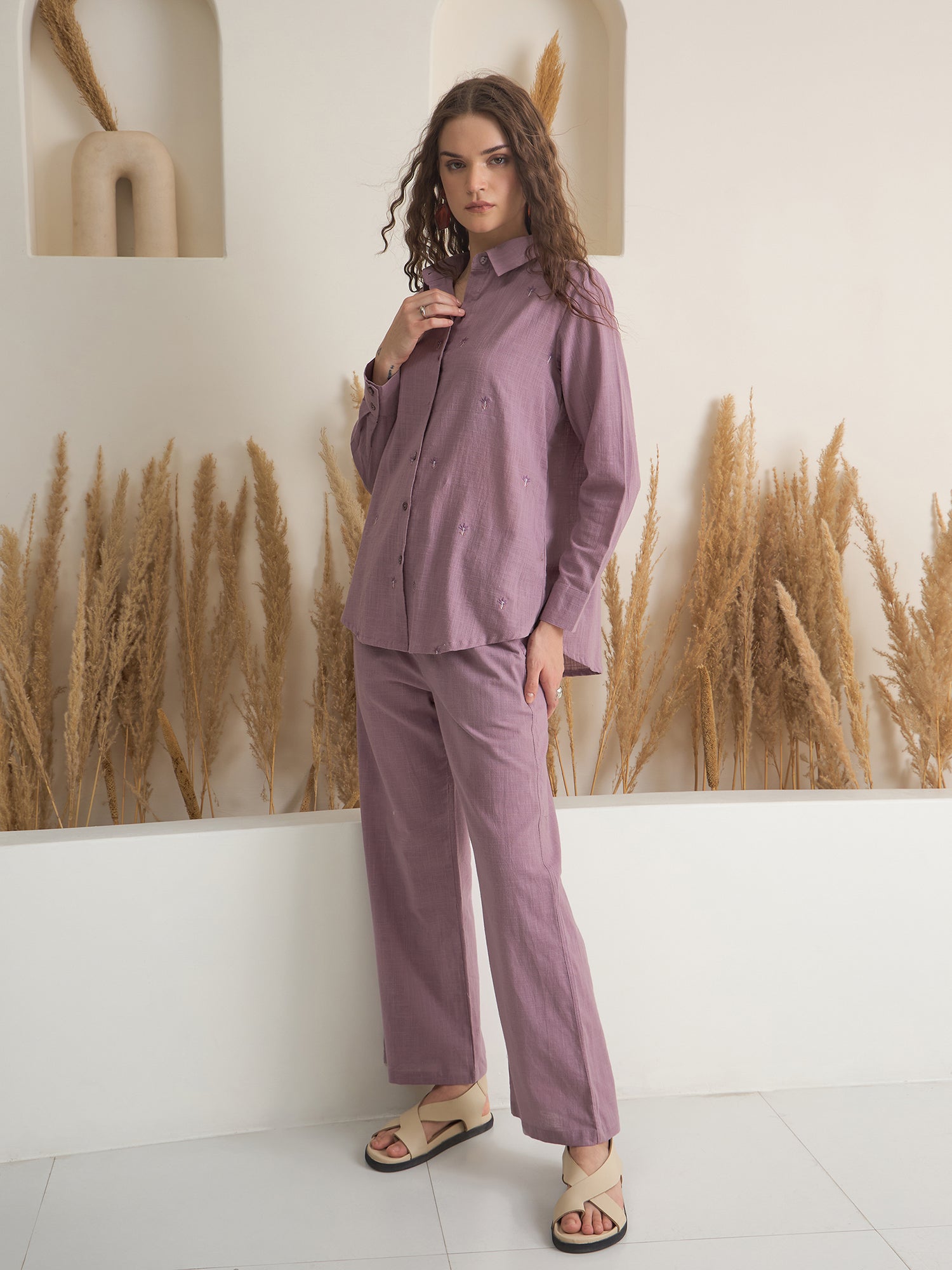 Purple Shirt Collar Pure Cotton Top Solid Co-ords Set for Women