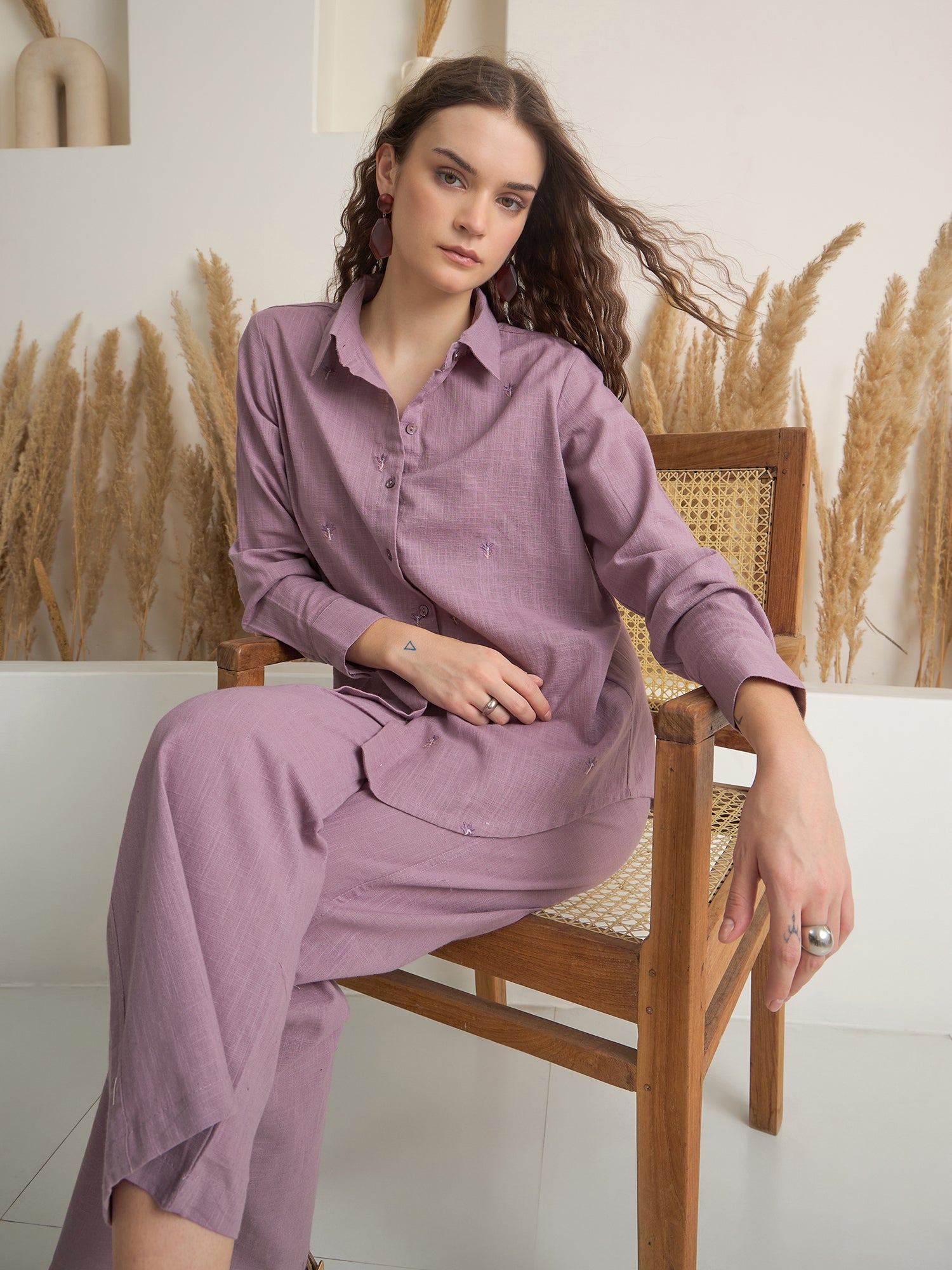 Purple Shirt Collar Pure Cotton Top Solid Co-ords Set for Women