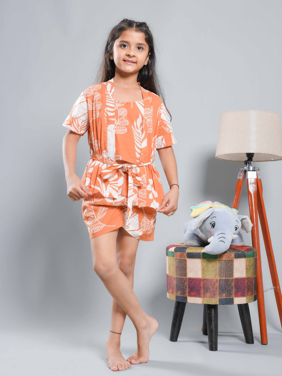 Set Of 3 Floral Printed Orange Kids Night Suit Set