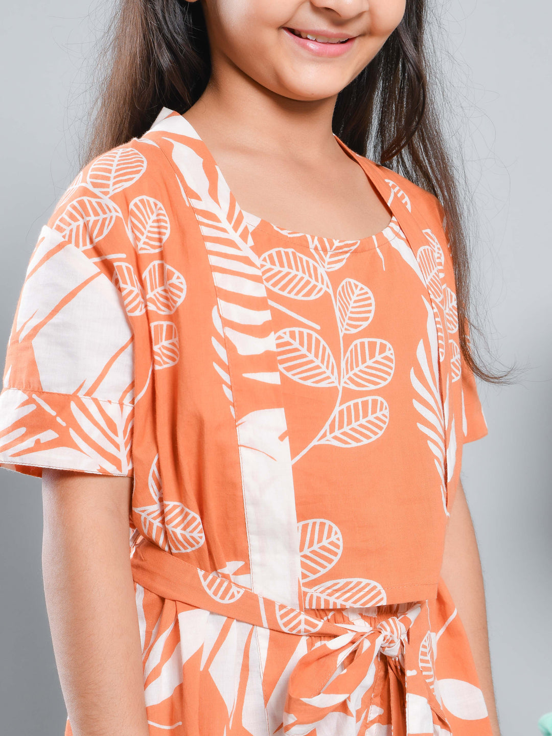 Set Of 3 Floral Printed Orange Kids Night Suit Set