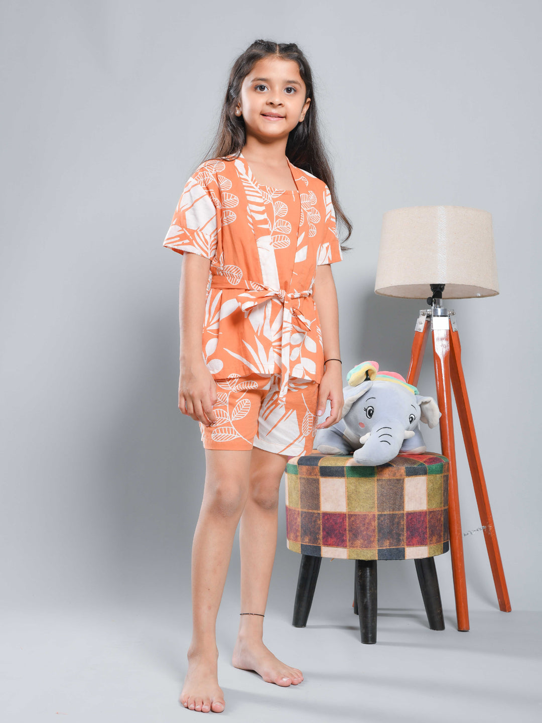 Set Of 3 Floral Printed Orange Kids Night Suit Set