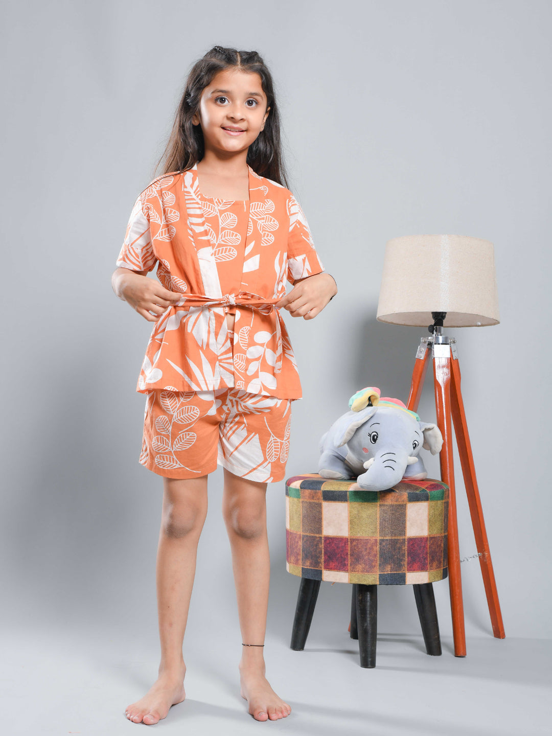 Set of 3 Floral Printed Orange Kids Night Suit Set