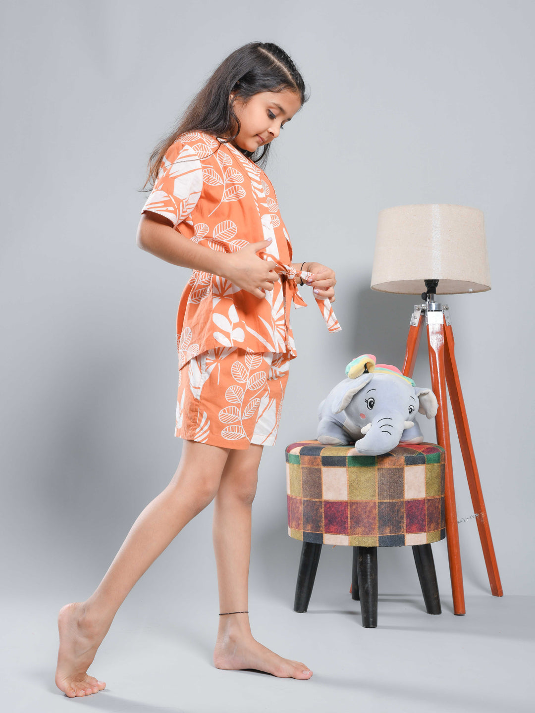 Set of 3 Floral Printed Orange Kids Night Suit Set