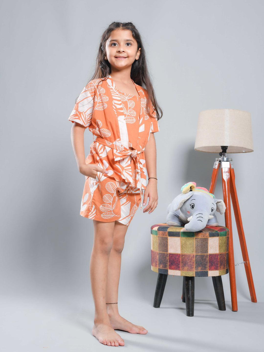 Set of 3 Floral Printed Orange Kids Night Suit Set