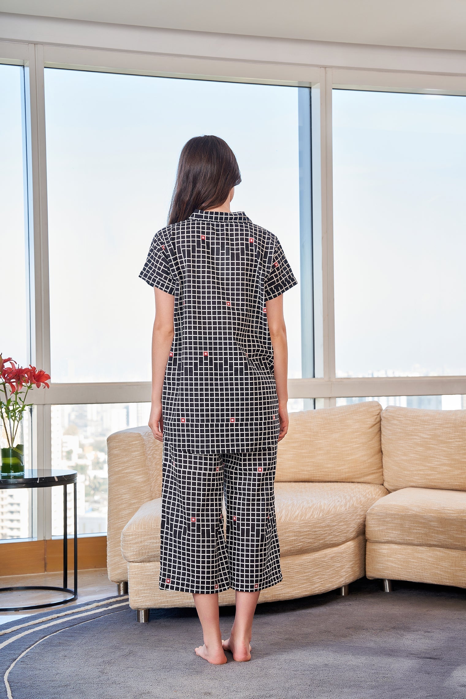 Black Shirt Collar Checks Print Pure Cotton Night Suit For Women