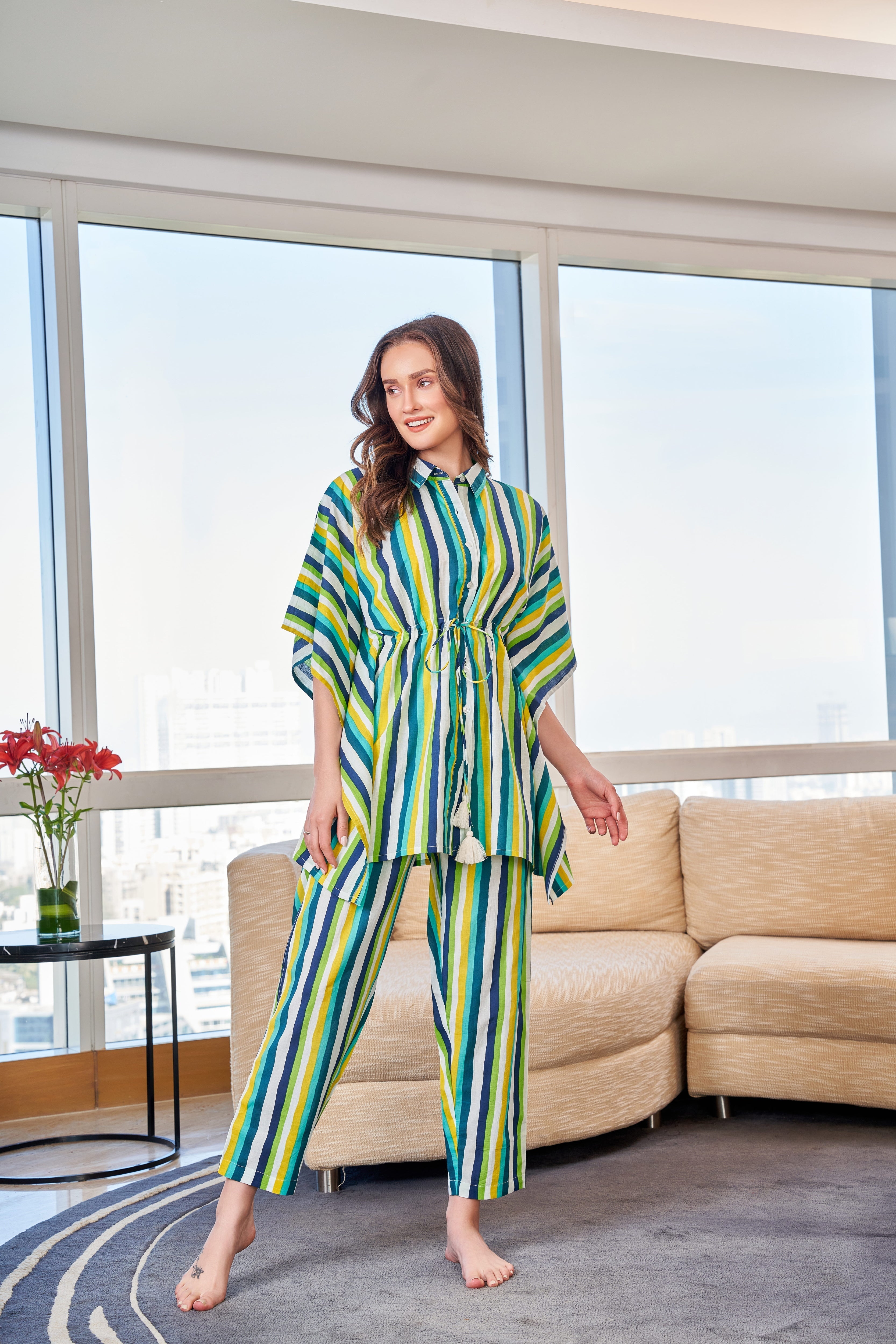 Green & White Striped Shirt Collar Pure Cotton Kaftan & Pyjama Night Suit For Women