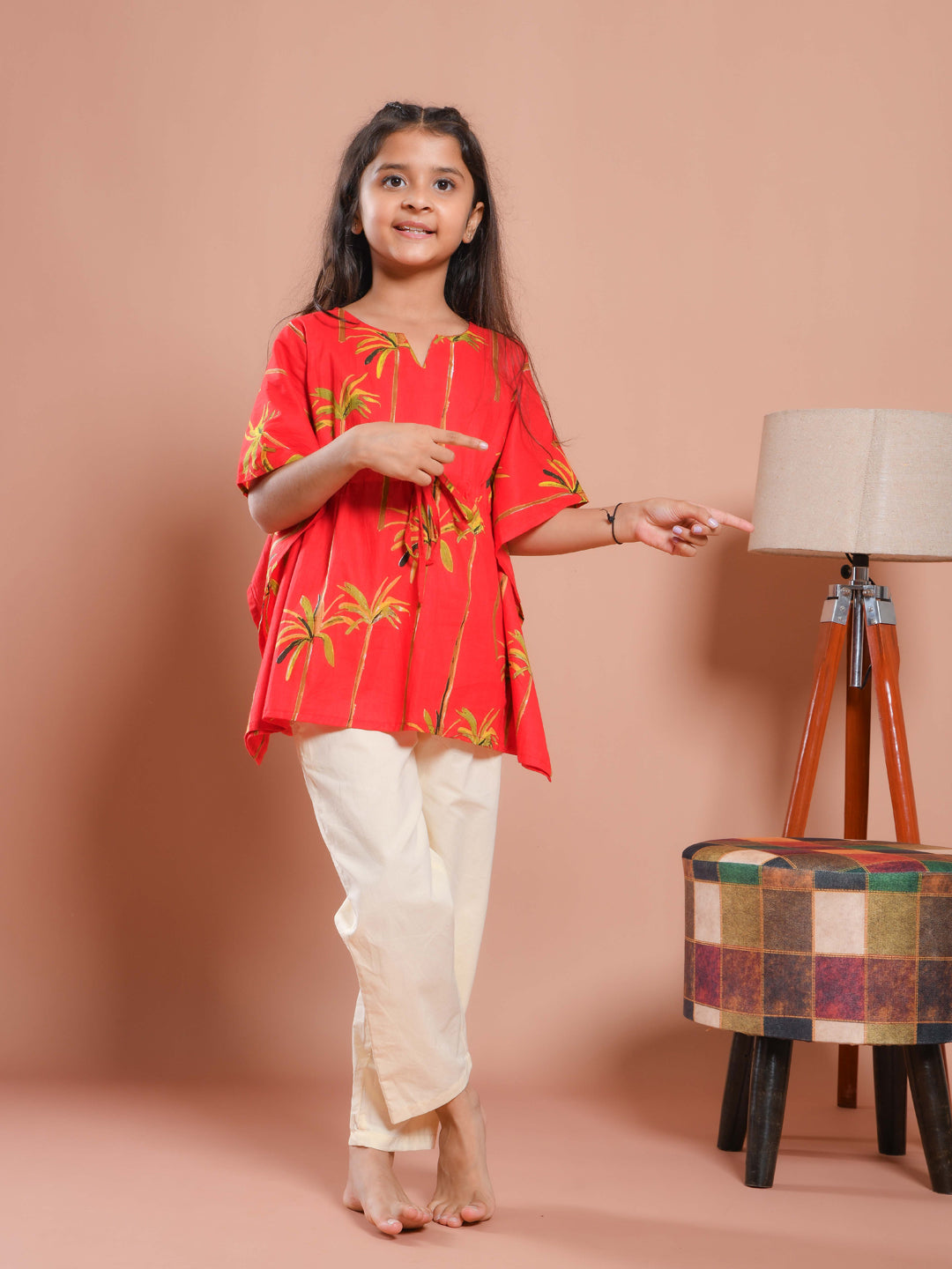 Red Round Neck Floral Printed Kids Night Suit